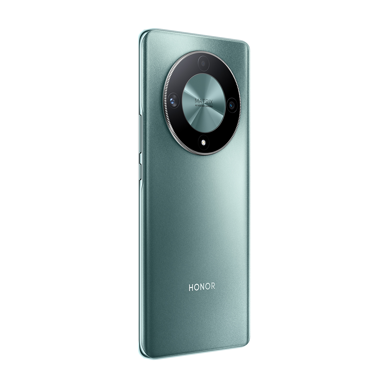 Un telefono verde con tre fotocamere sul retro. Il telefono è su una superficie bianca.
