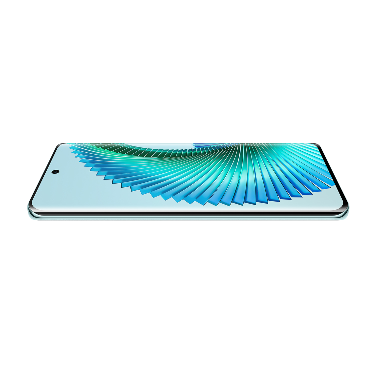 Un telefono azzurro con uno schermo che mostra un'immagine colorata. Il telefono è su una superficie bianca.