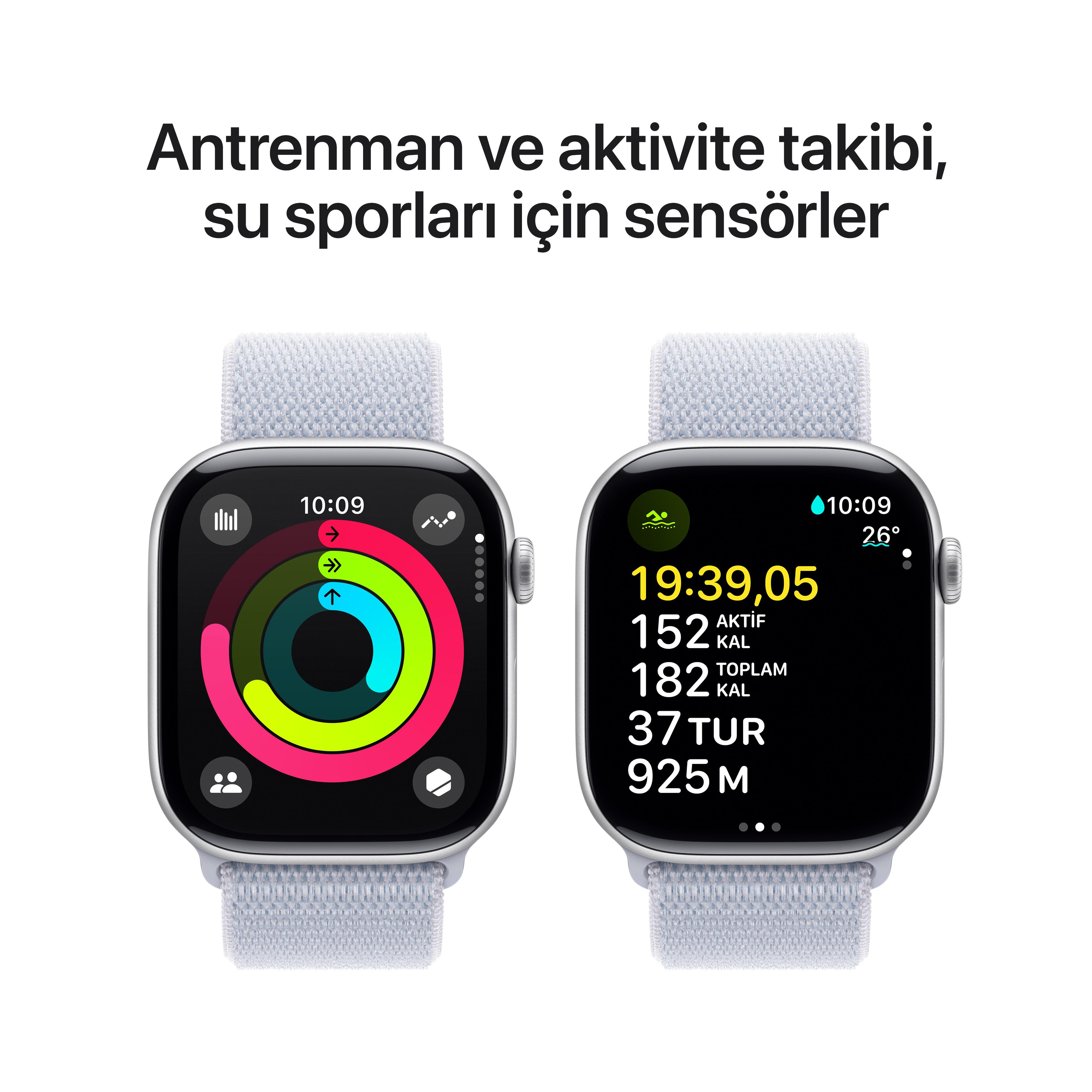 İki akıllı saat, zamanı, aktivite halkalarını ve egzersiz verilerini gösteriyor. Açık gri kayışlar.