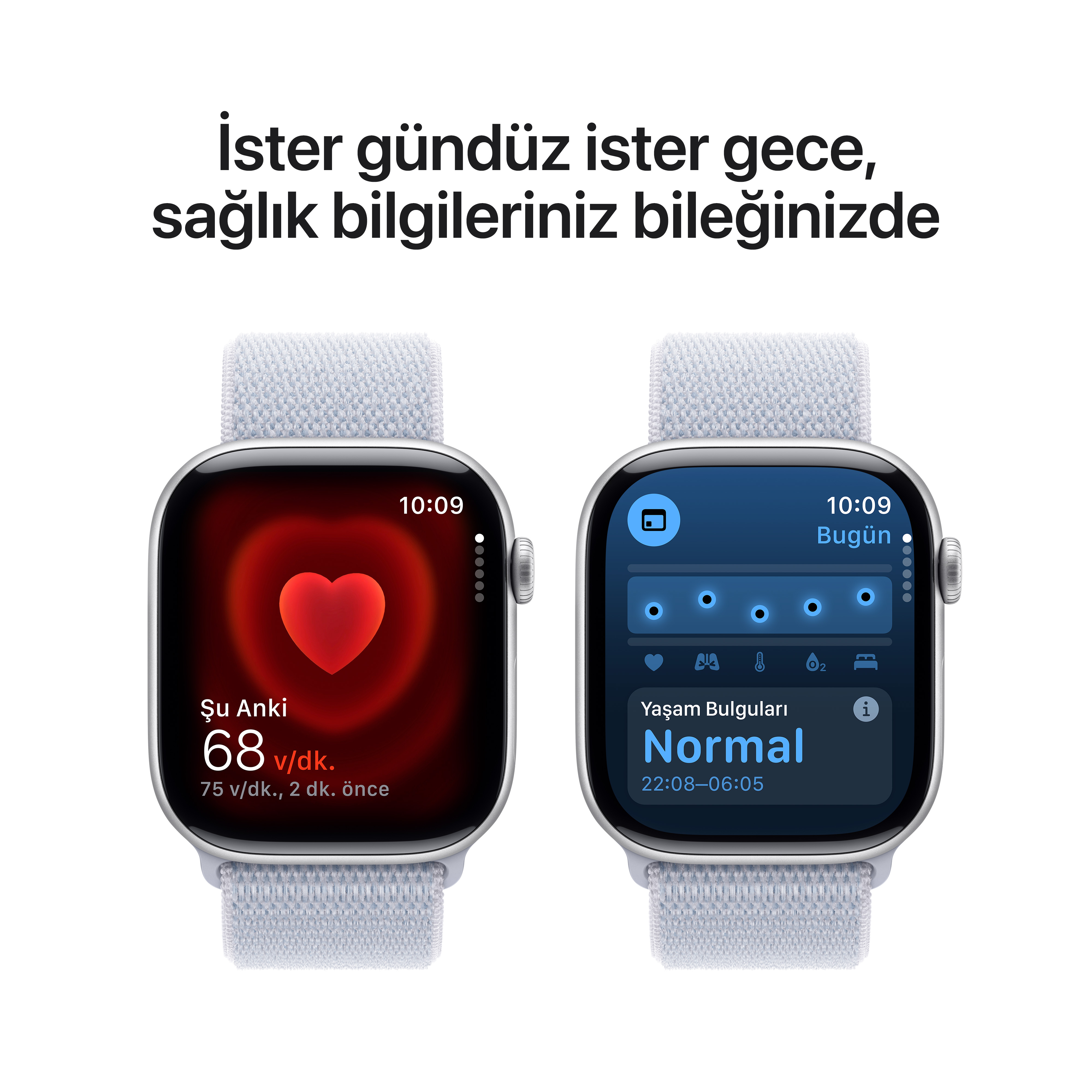 İki akıllı saat sağlık verilerini gösteriyor: kalp atış hızı ve günlük sağlık ölçümleri.