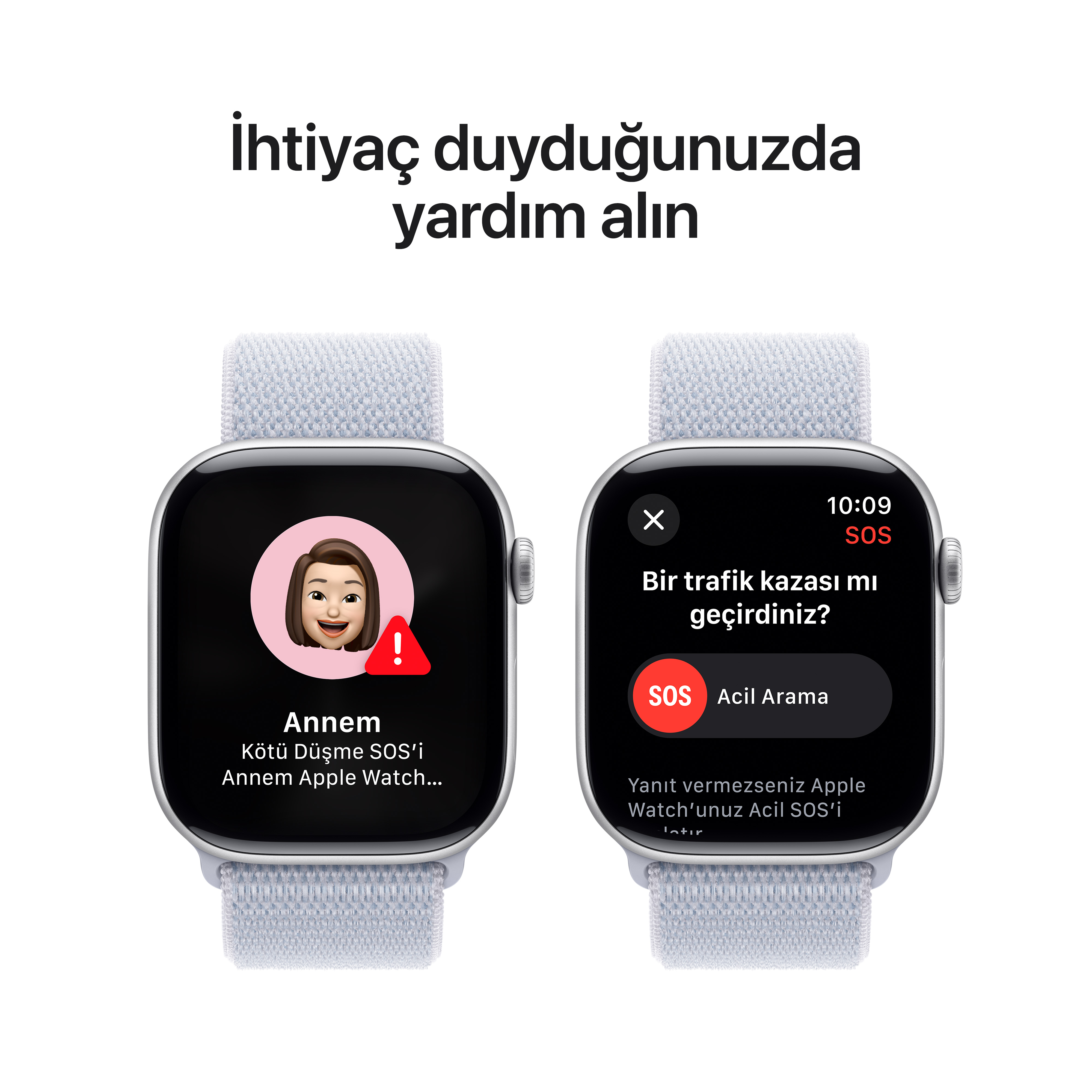 İki akıllı saat, açık bir arka planda acil durum kişisi ve SOS çağrısı başlatmayı gösteriyor.