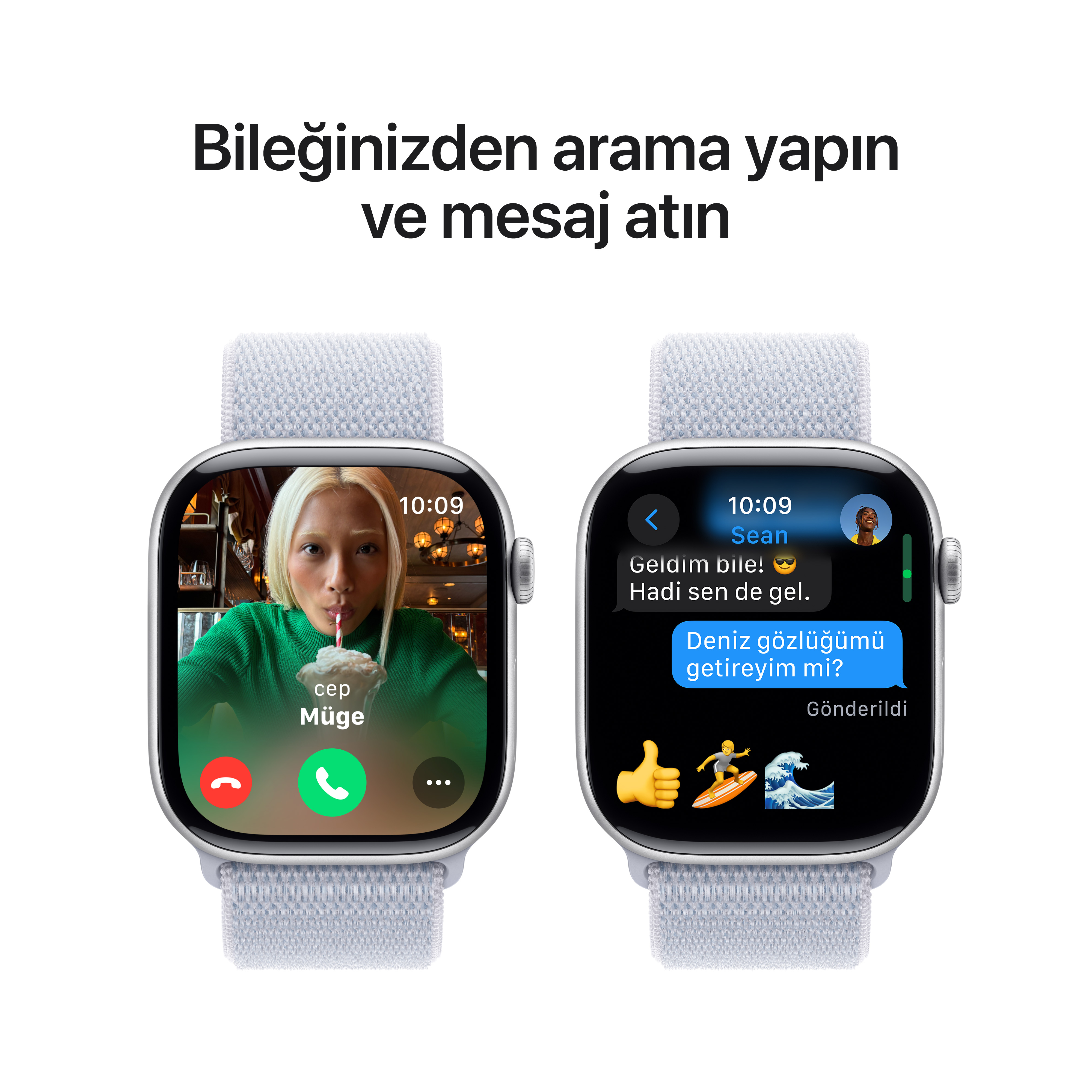 Arama ve mesajları gösteren iki akıllı saat.