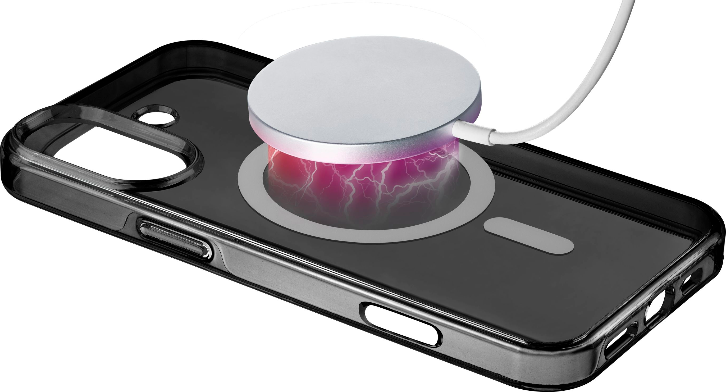 Coque de téléphone noire avec un chargeur sans fil blanc attaché. Fond blanc.