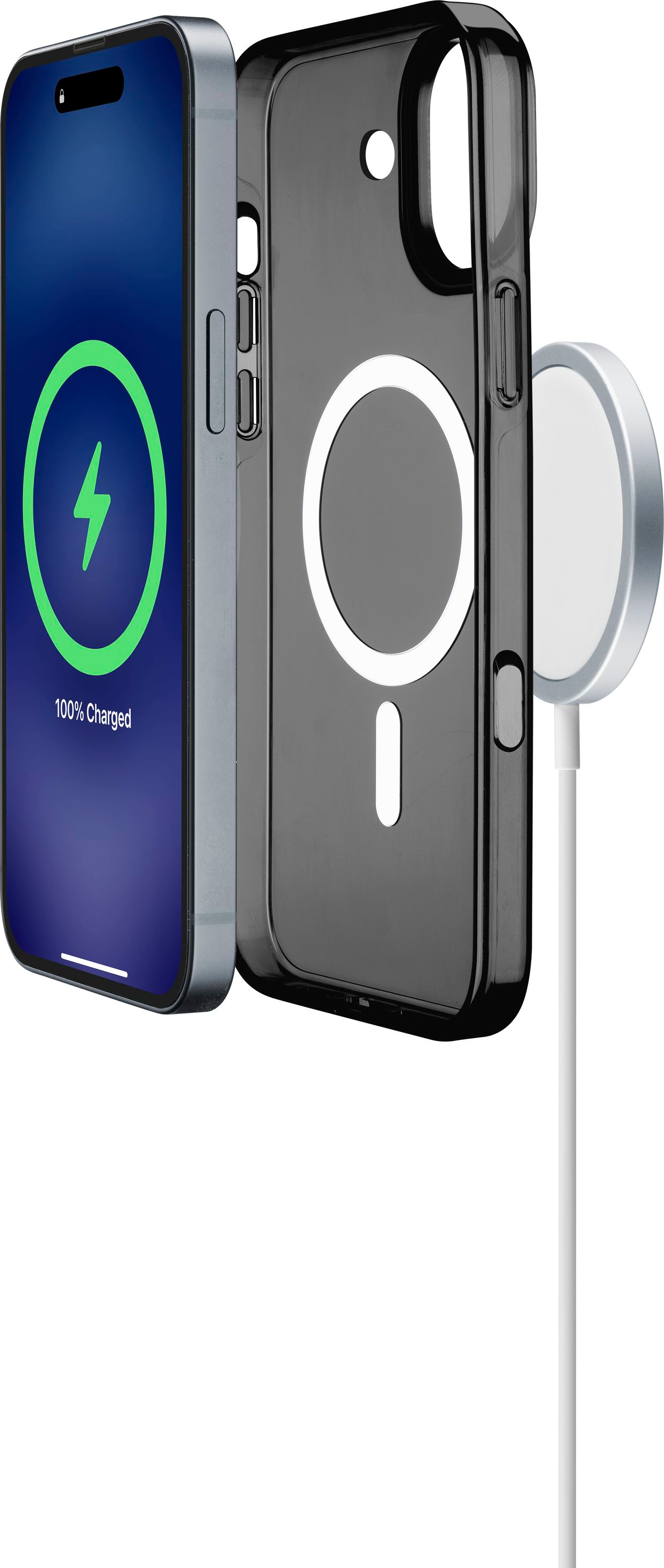 Téléphone se chargeant sans fil avec étui et chargeur.