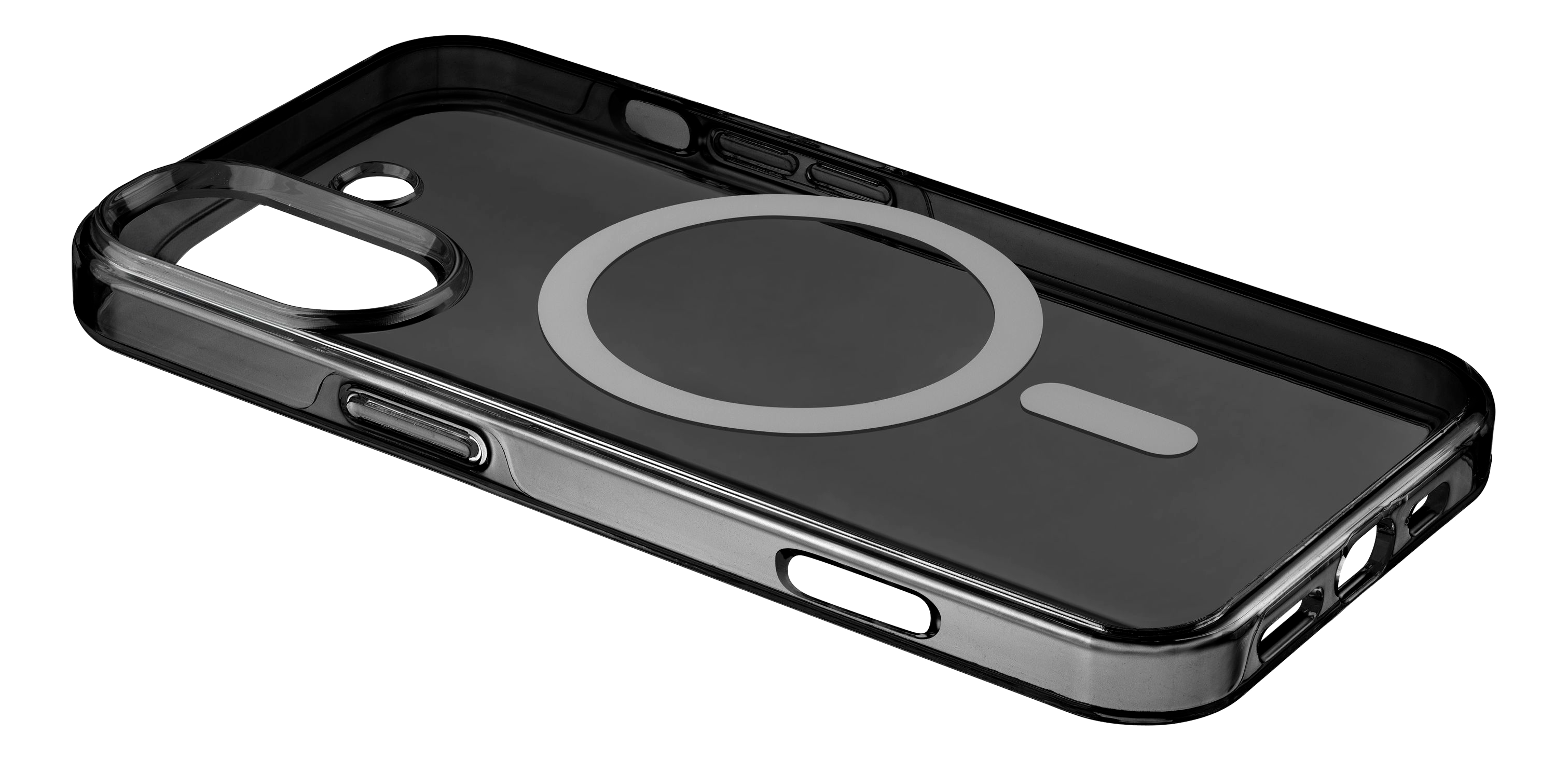 Coque de téléphone transparente et noire avec anneau magnétique, montrant l'arrière d'un téléphone.