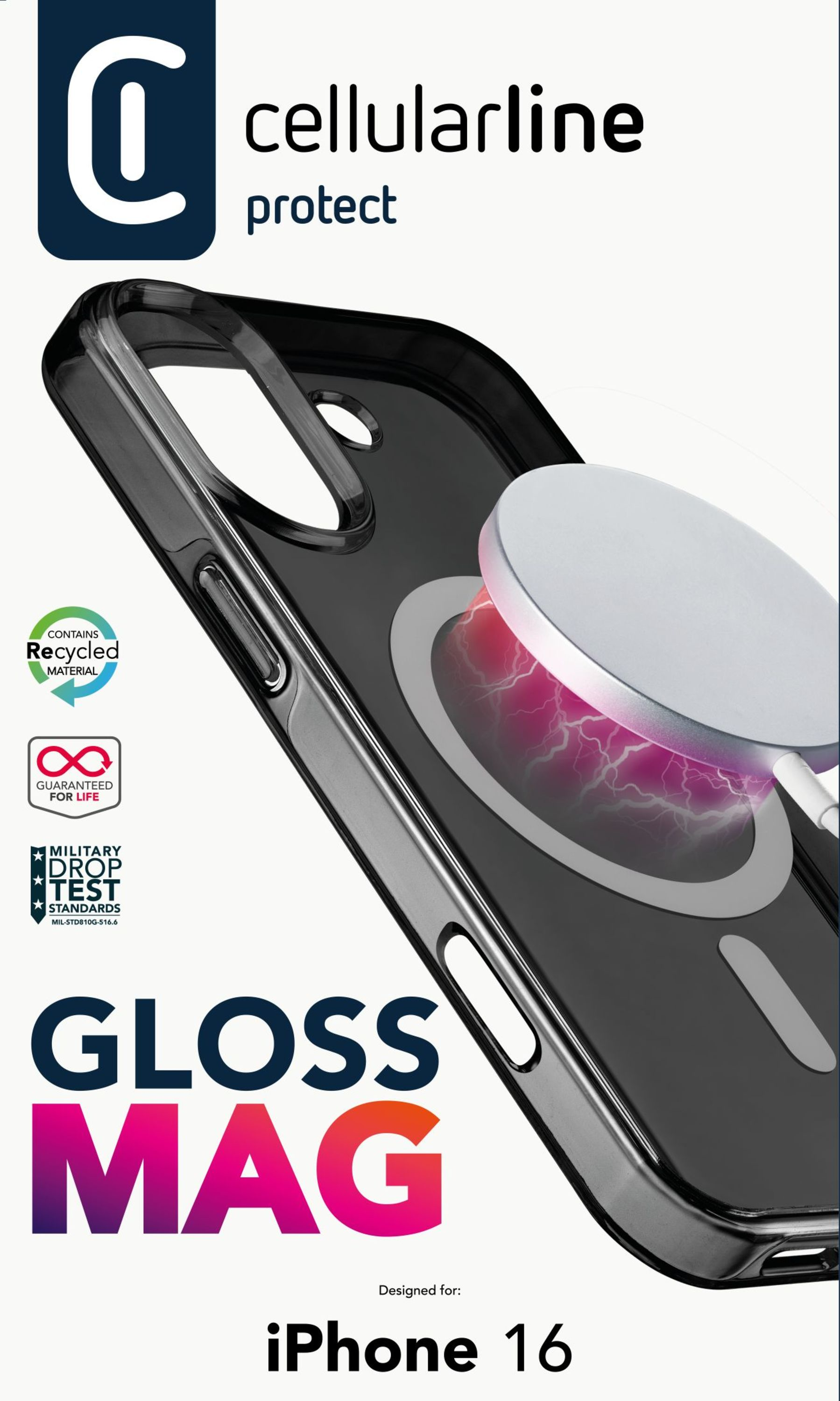 Coque de téléphone avec un cadre noir, un dos transparent et un cercle de chargement magnétique. La marque est visible.