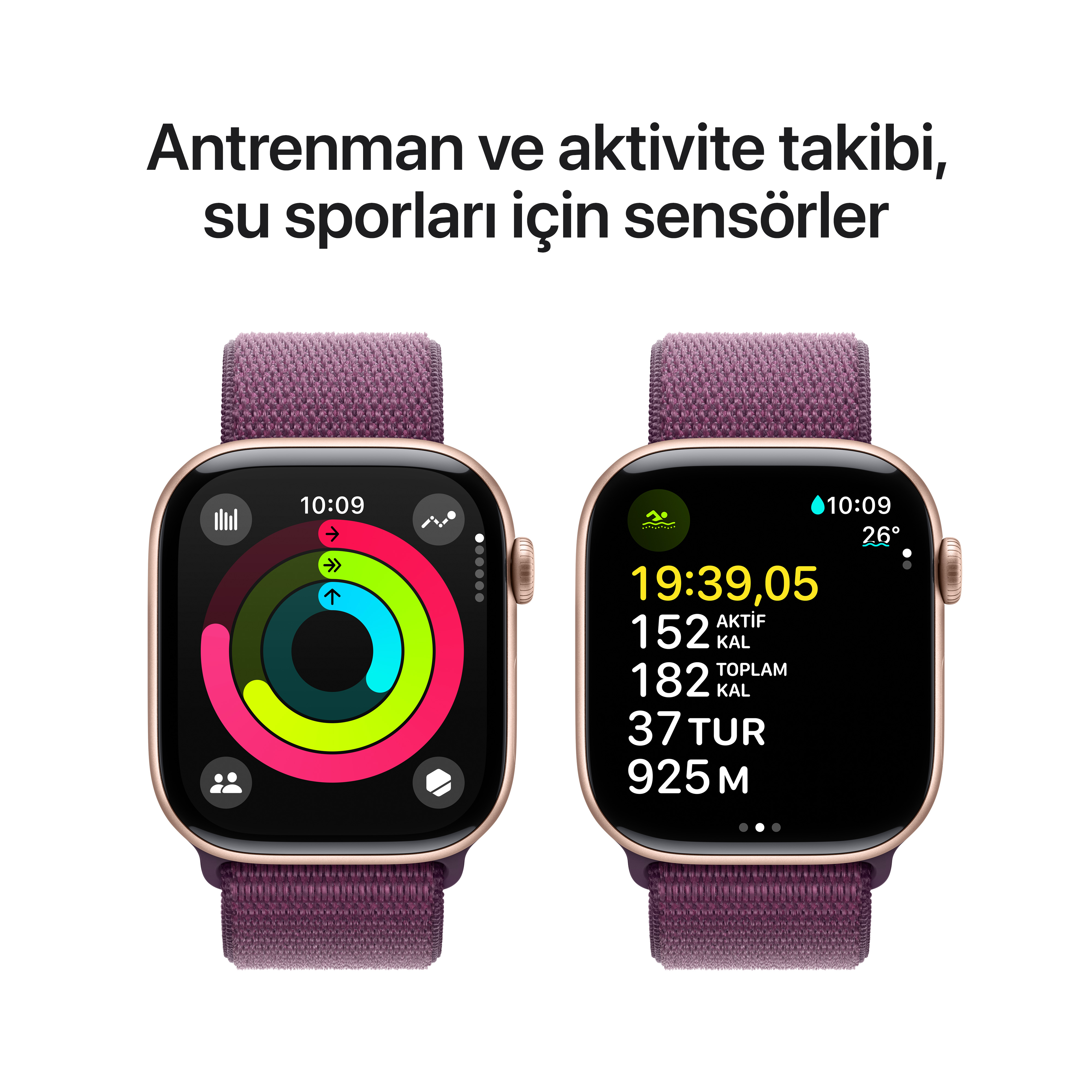 Mor kayışlı iki akıllı saat, ekranda sağlık verileri ve aktivite takibi gösteriyor.
