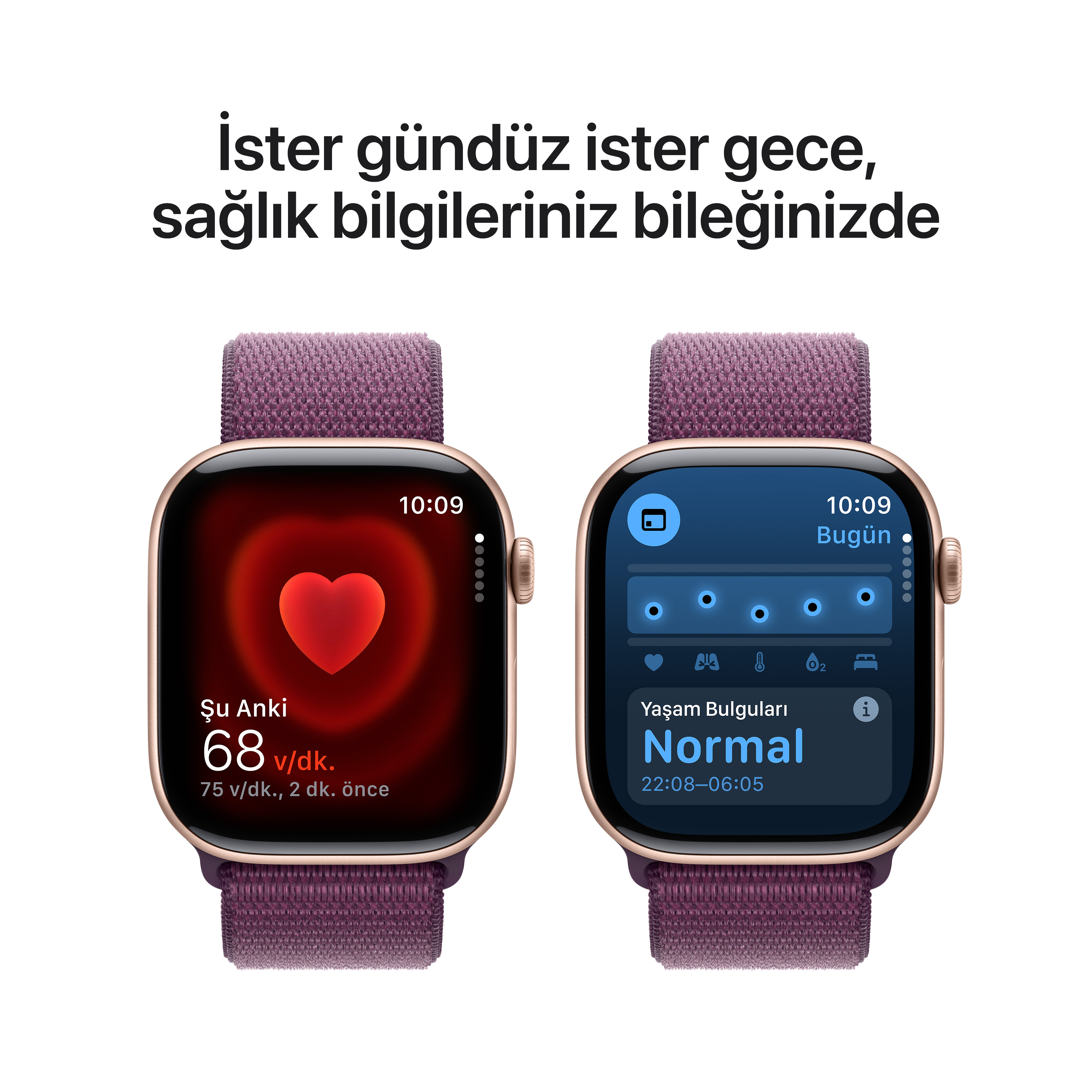 İki Apple Watch, kalp atış hızı ve uyku verilerini gösteriyor.