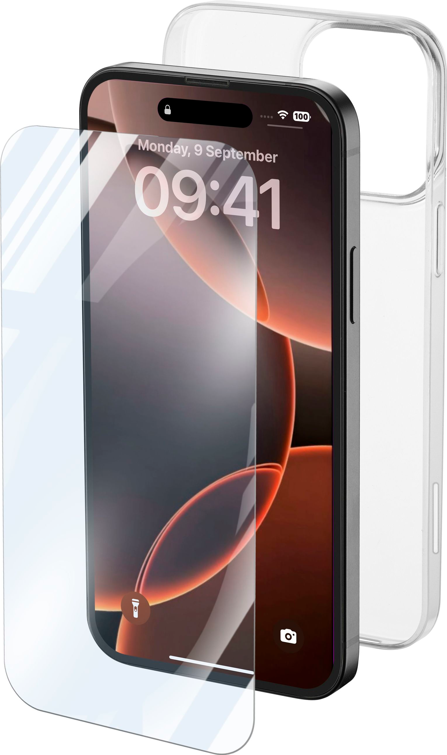 Ein Telefon mit Displayschutzfolie, einer transparenten Hülle und einem Bildschirm mit Datum und Uhrzeit.