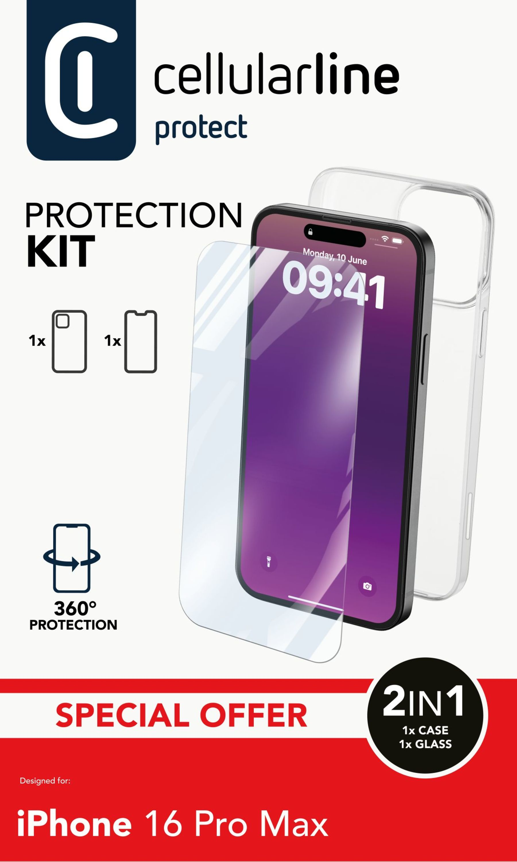 Ein iPhone 16 Pro Max mit Displayschutz und Hülle. Ein 2-in-1-Schutzkit.