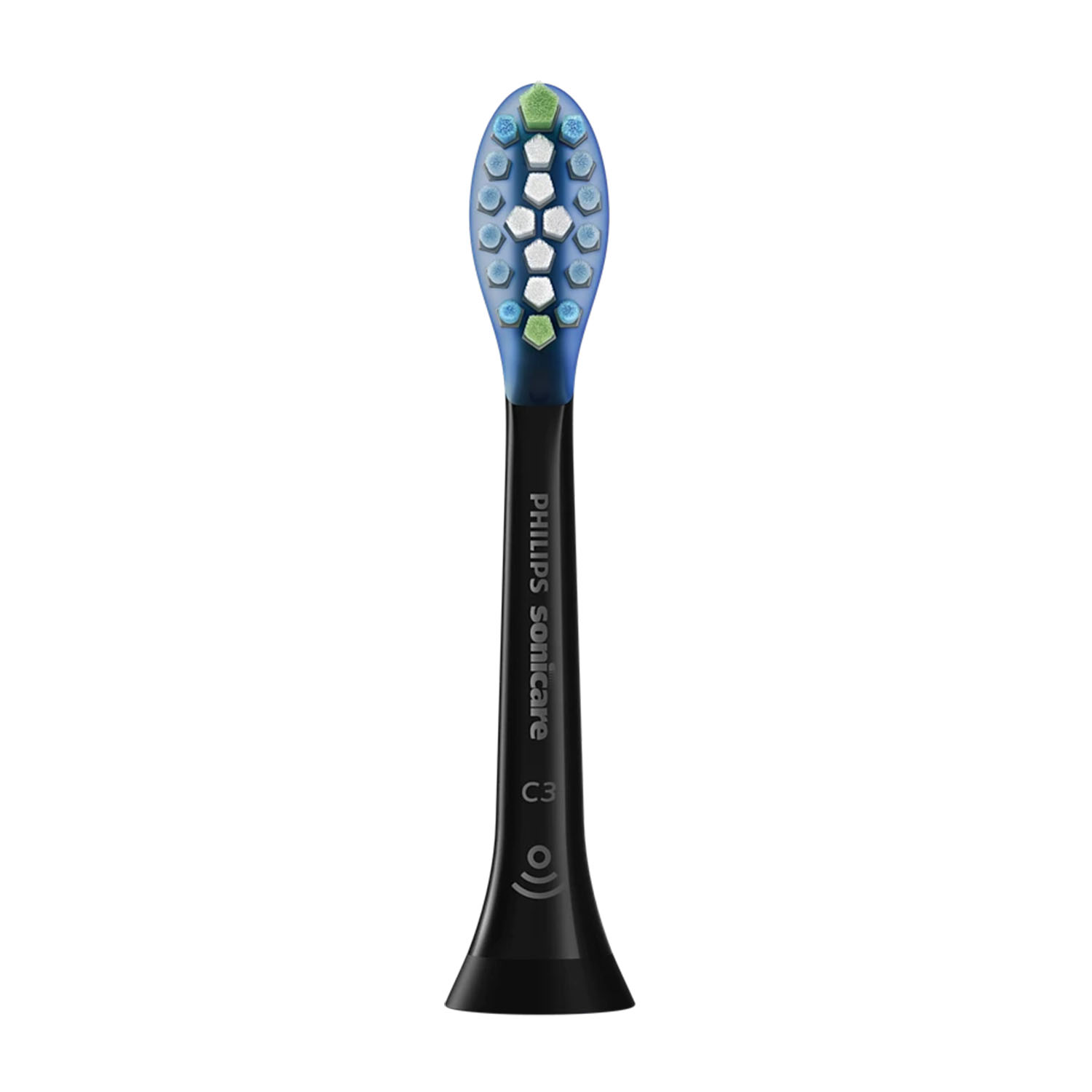 Una testina per spazzolino elettrico Philips Sonicare con setole blu e verdi.