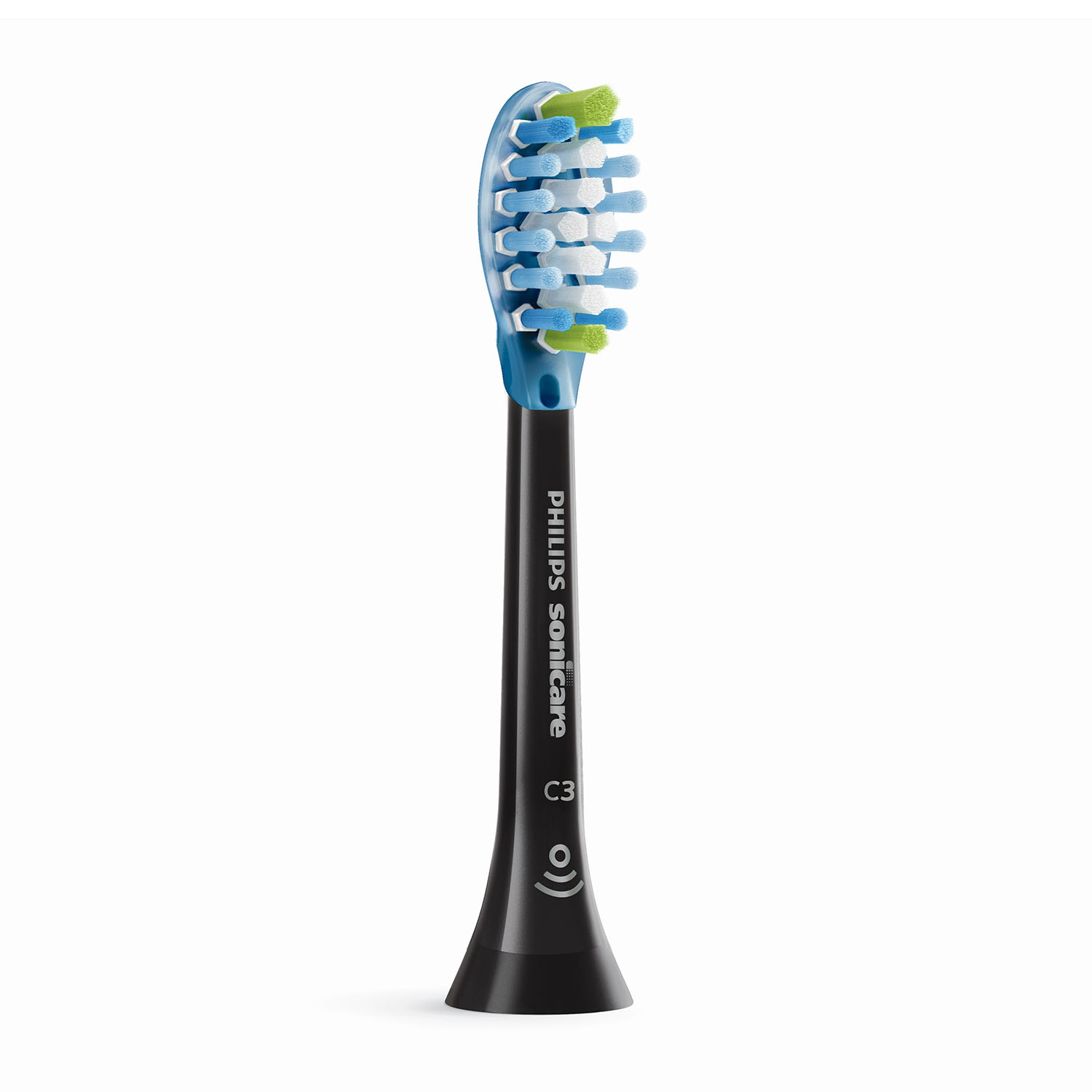 Una testina per spazzolino Philips Sonicare su sfondo bianco. Le setole sono blu, verdi e bianche.