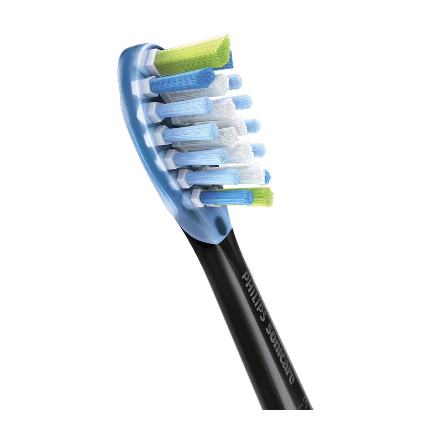 Testina per spazzolino Philips Sonicare. Setole blu e bianche, punte verdi, manico nero.