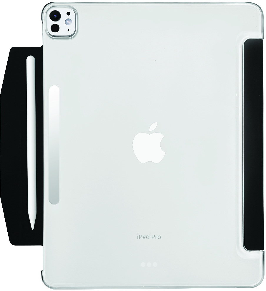 iPad Pro argento su custodia nera con stilo. Logo Apple visibile, sfondo bianco.