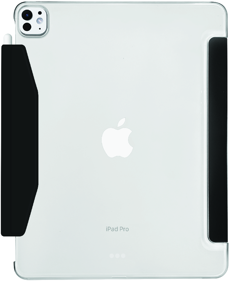 Un iPad Pro in una custodia, che mostra il retro. Il logo Apple è visibile con una fotocamera in alto a sinistra.