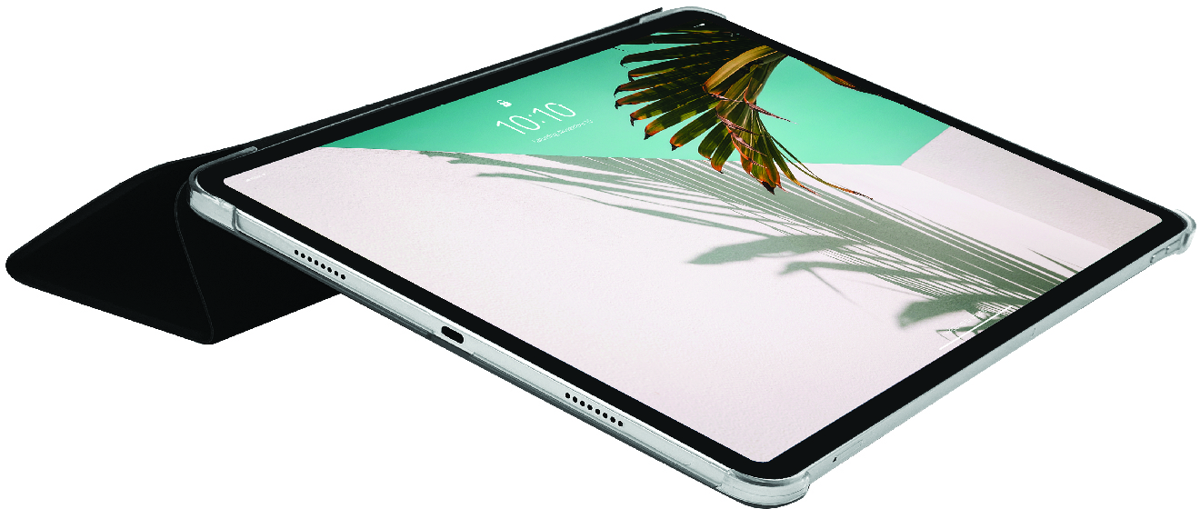 Tablet con una custodia, che mostra uno sfondo verde con ombre di palme.