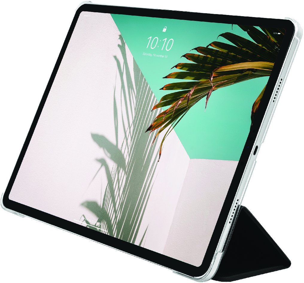 Tablet con custodia, che mostra uno schermo con l'ora e l'ombra di una foglia di palma.