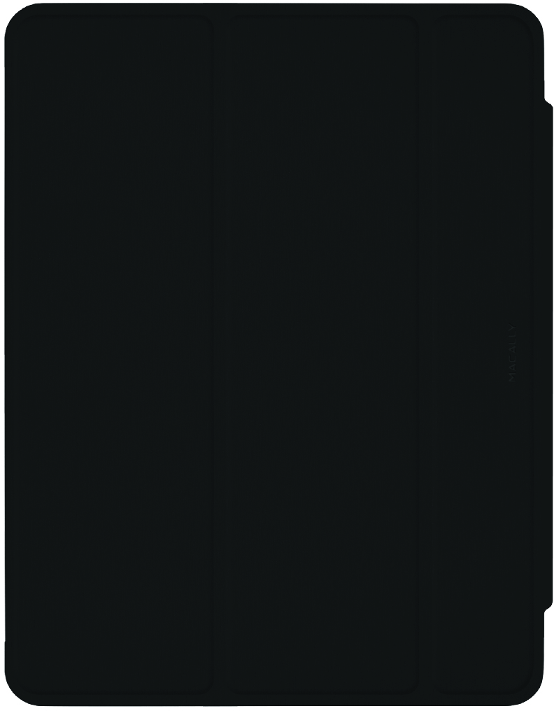Una custodia per tablet nera, chiusa. La custodia è nera piena con un design semplice.