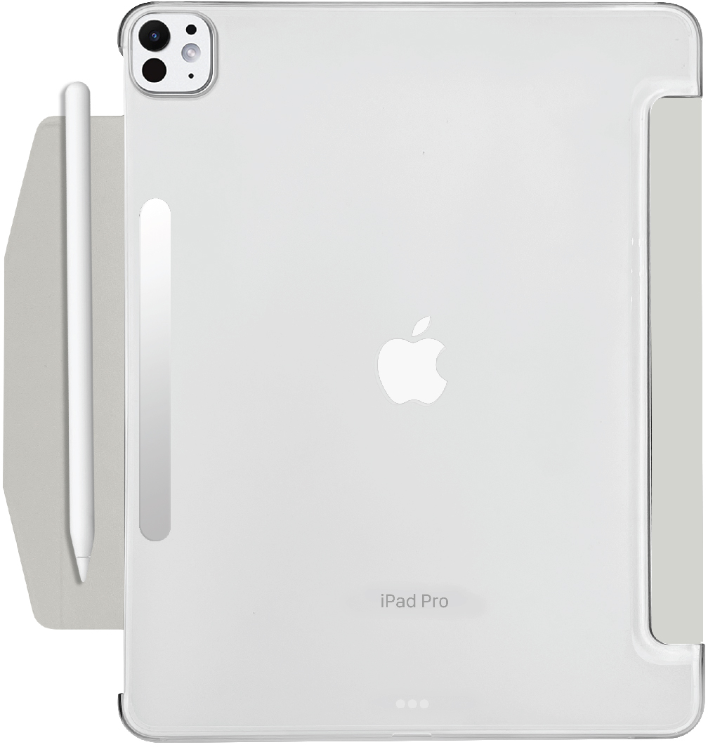 Weißes iPad Pro in einer transparenten Hülle mit Bleistift vor weißem Hintergrund.