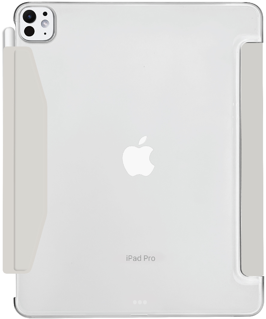 Rückseite des iPad Pro in einer transparenten Hülle, mit Apple-Logo, Kameras und Stifthalter.