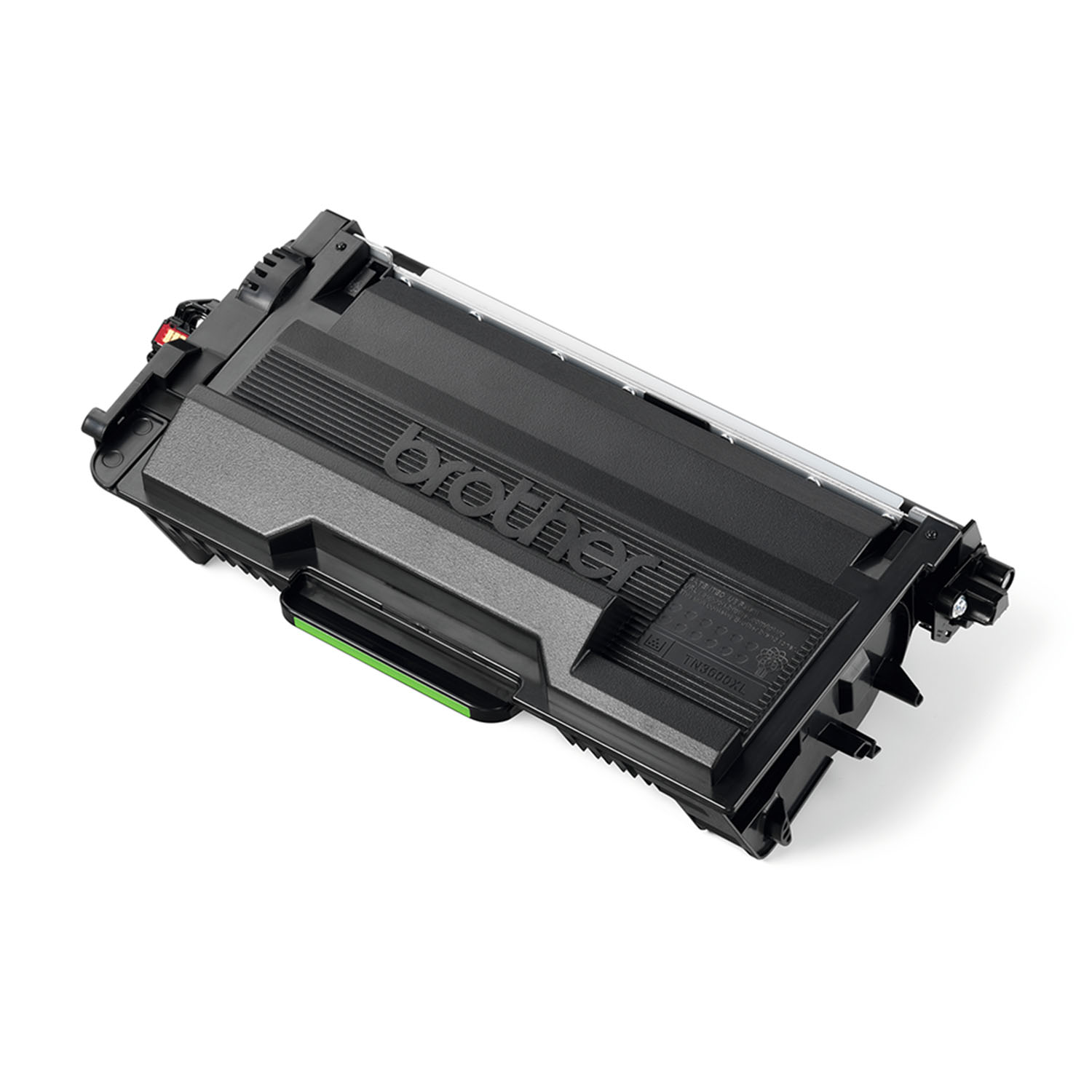 Cartuccia toner Brother nera su sfondo bianco. La cartuccia è inclinata.