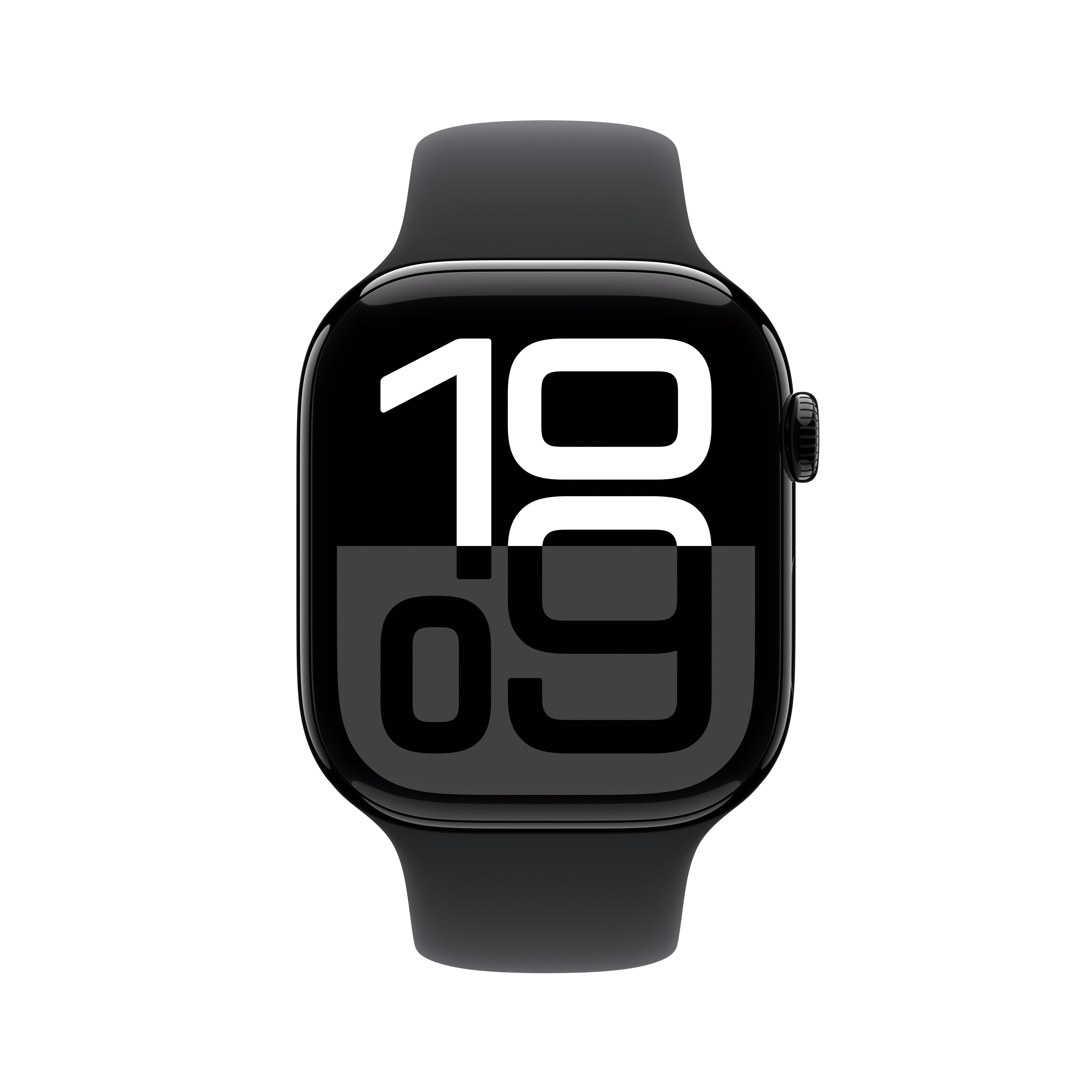 Siyah bir Apple Watch saati gösteriyor. Saatin siyah bir kayışı var.