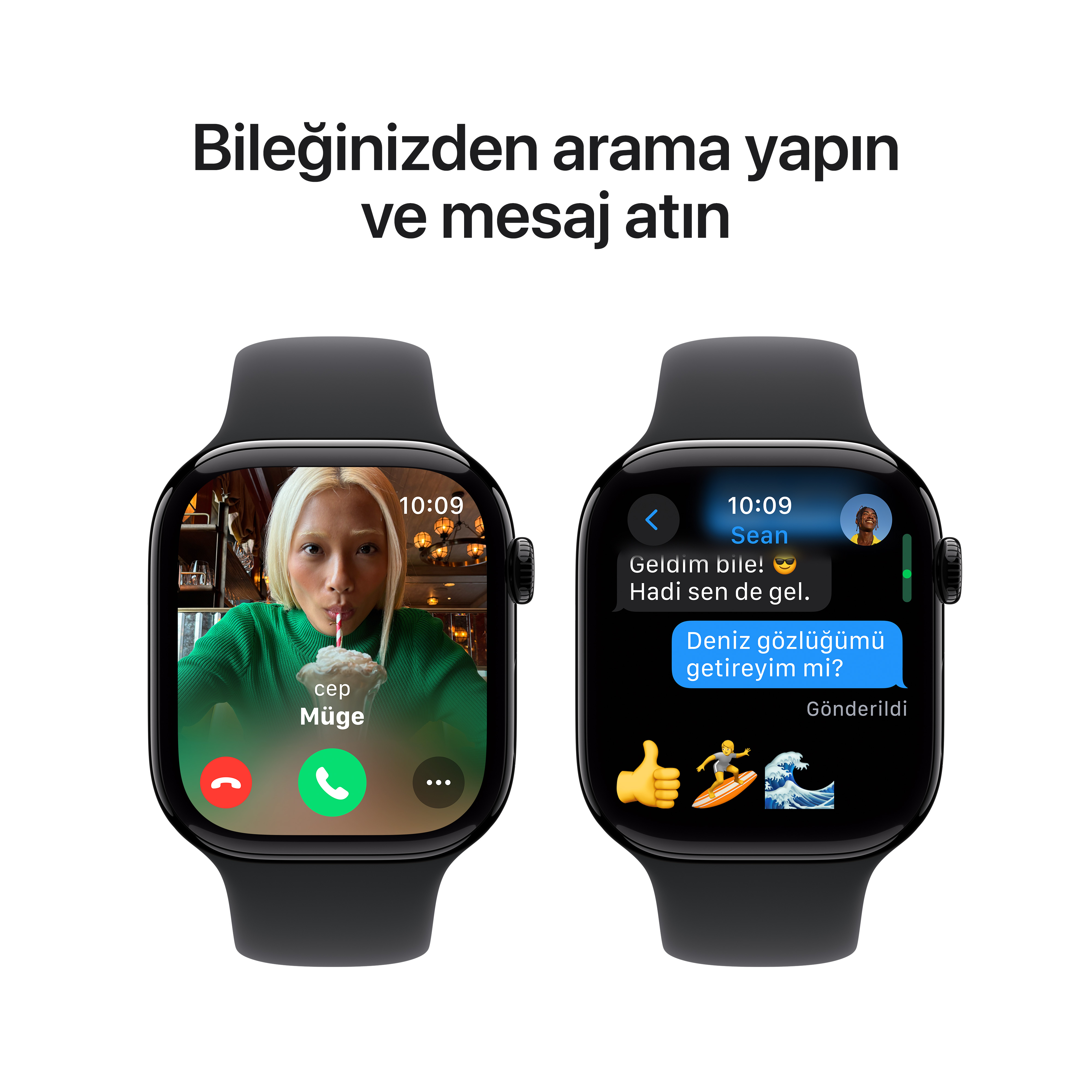 Görüntülü görüşme ve metin mesajı gösteren iki siyah akıllı saat. Birinde kadın, diğerinde metin var.