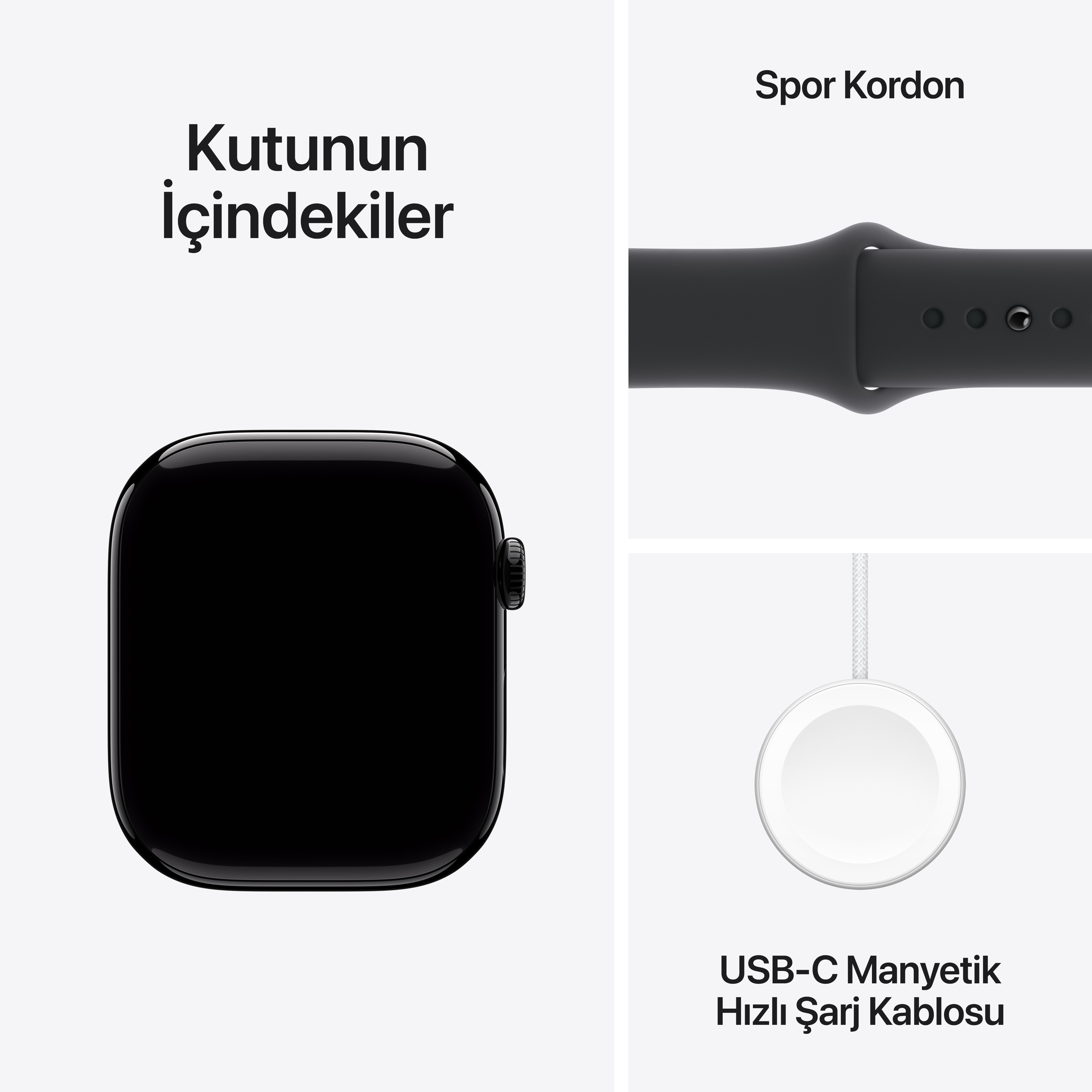 Apple Watch aksesuarlarının yakın çekimi. Saat, Spor kordonu ve USB-C şarj kablosu.