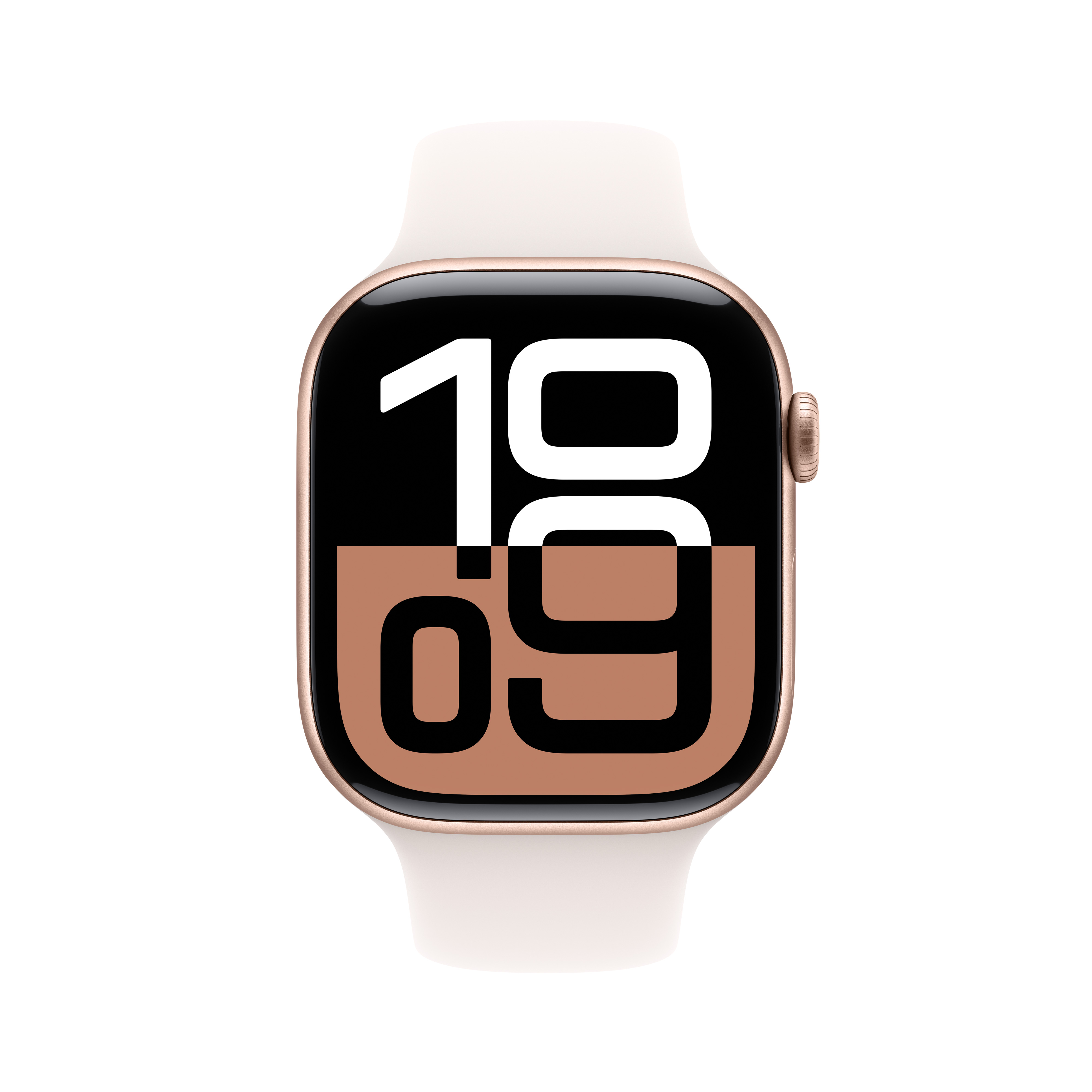 Beyaz kayışlı ve altın kasalı Apple Watch, bakır bir arka planda 19:09'u gösteriyor.