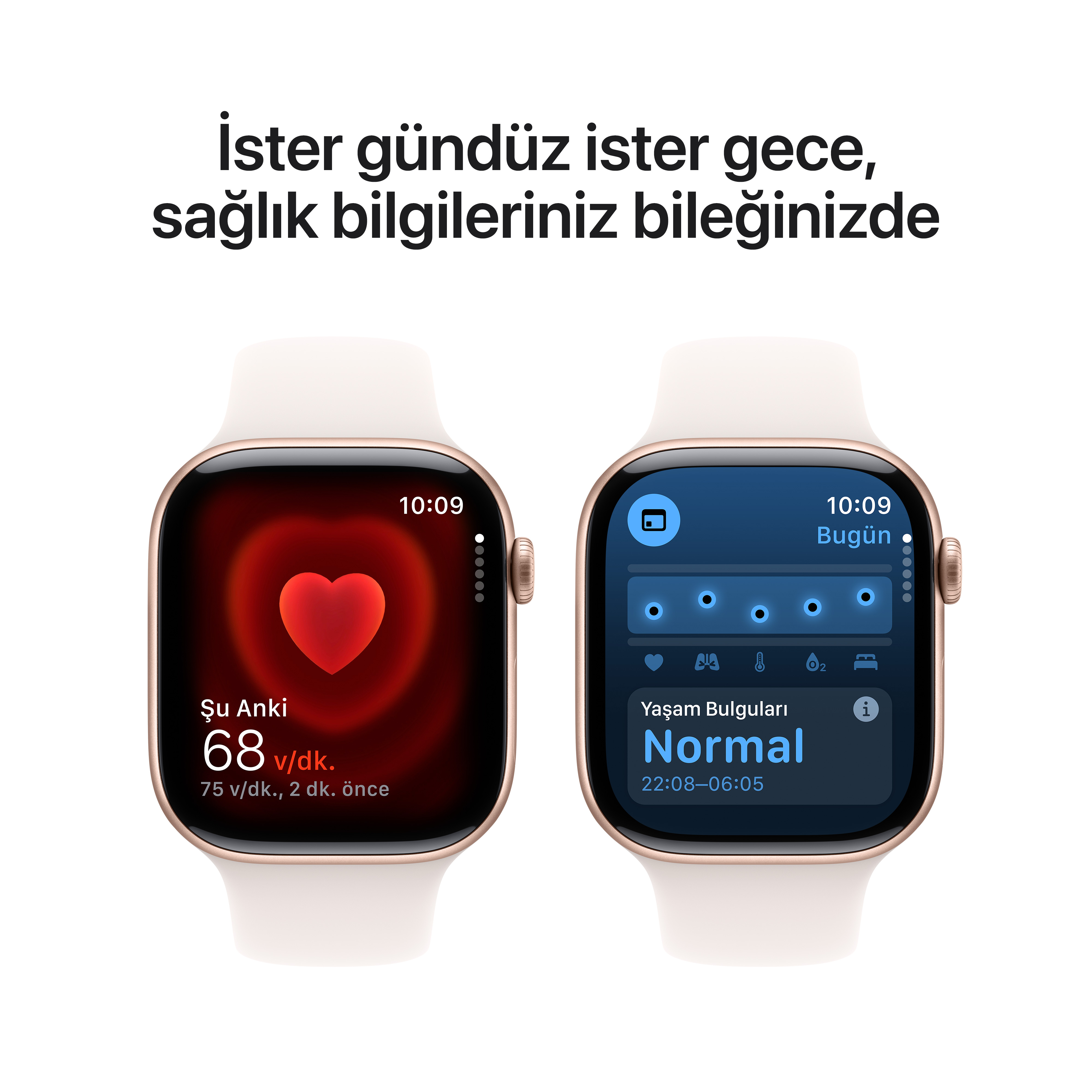 Sağlık verilerini gösteren iki akıllı saat. Biri kalp atış hızını, diğeri hayati belirtileri gösteriyor. Türkçe metin.