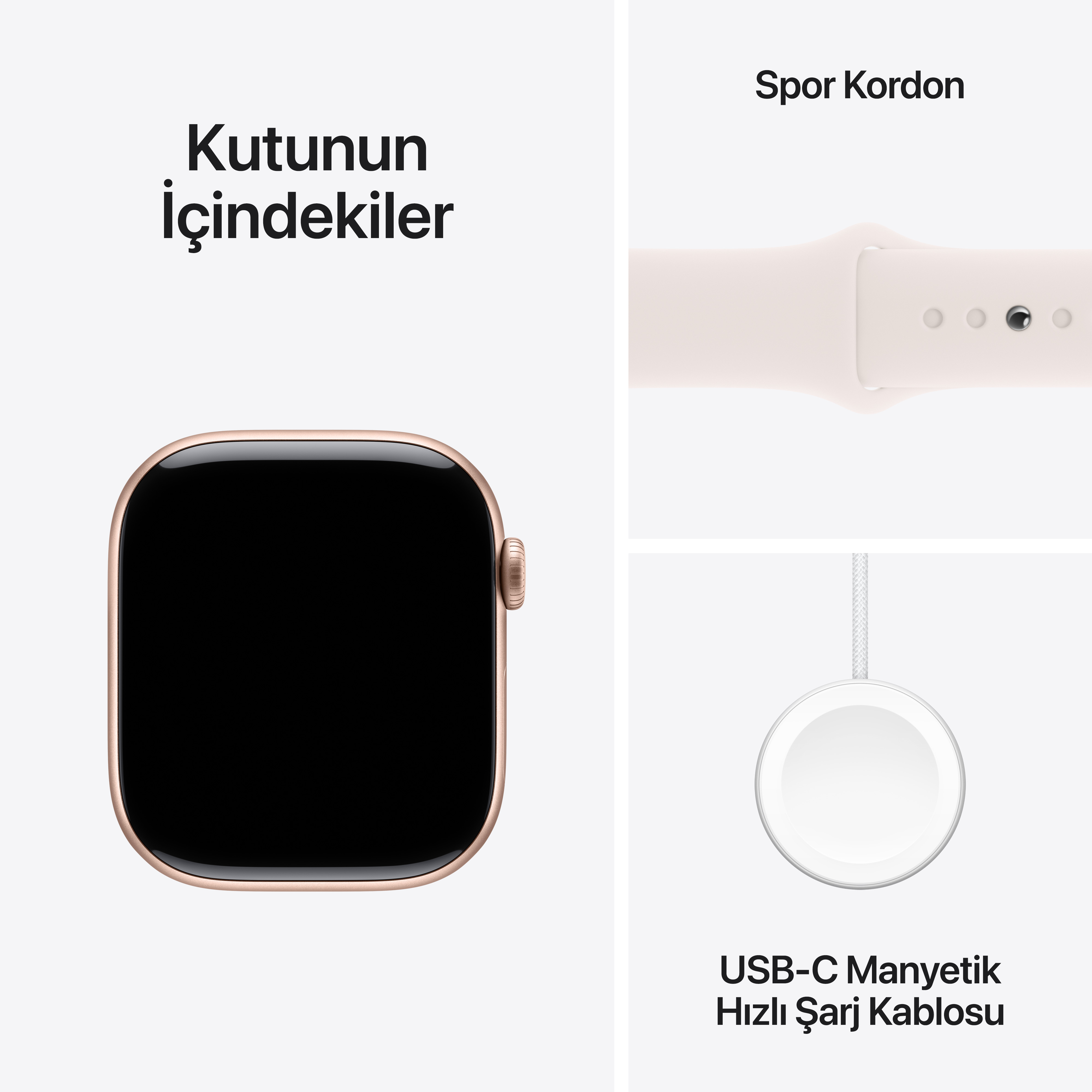 Apple Watch, spor kordonu ve şarj cihazı. Saat pembe altın, kordon krem, şarj cihazı beyaz.
