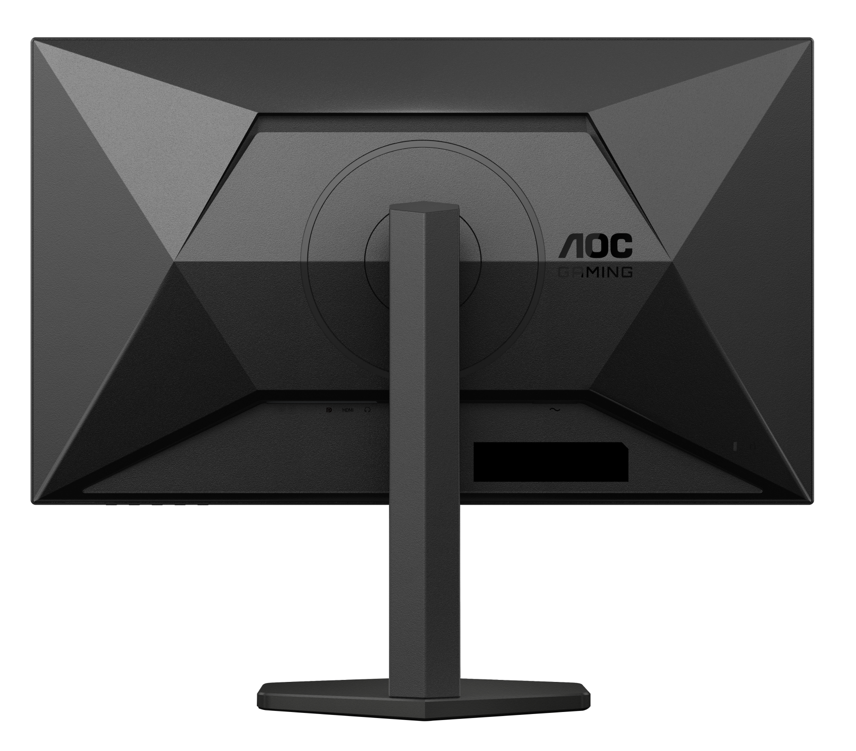 Die Rückseite eines schwarzen AOC-Gaming-Monitors mit einem Ständer.