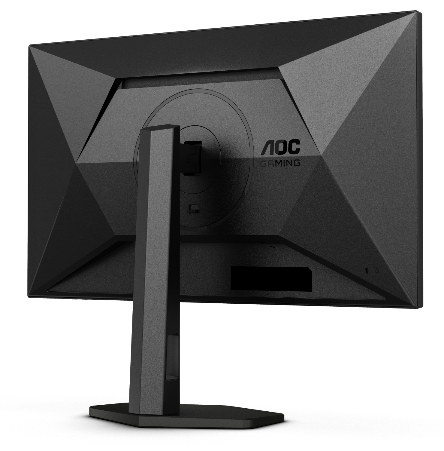 Rückseite eines schwarzen Gaming-Monitors. AOC Gaming Logo. Schwarzer Ständer.