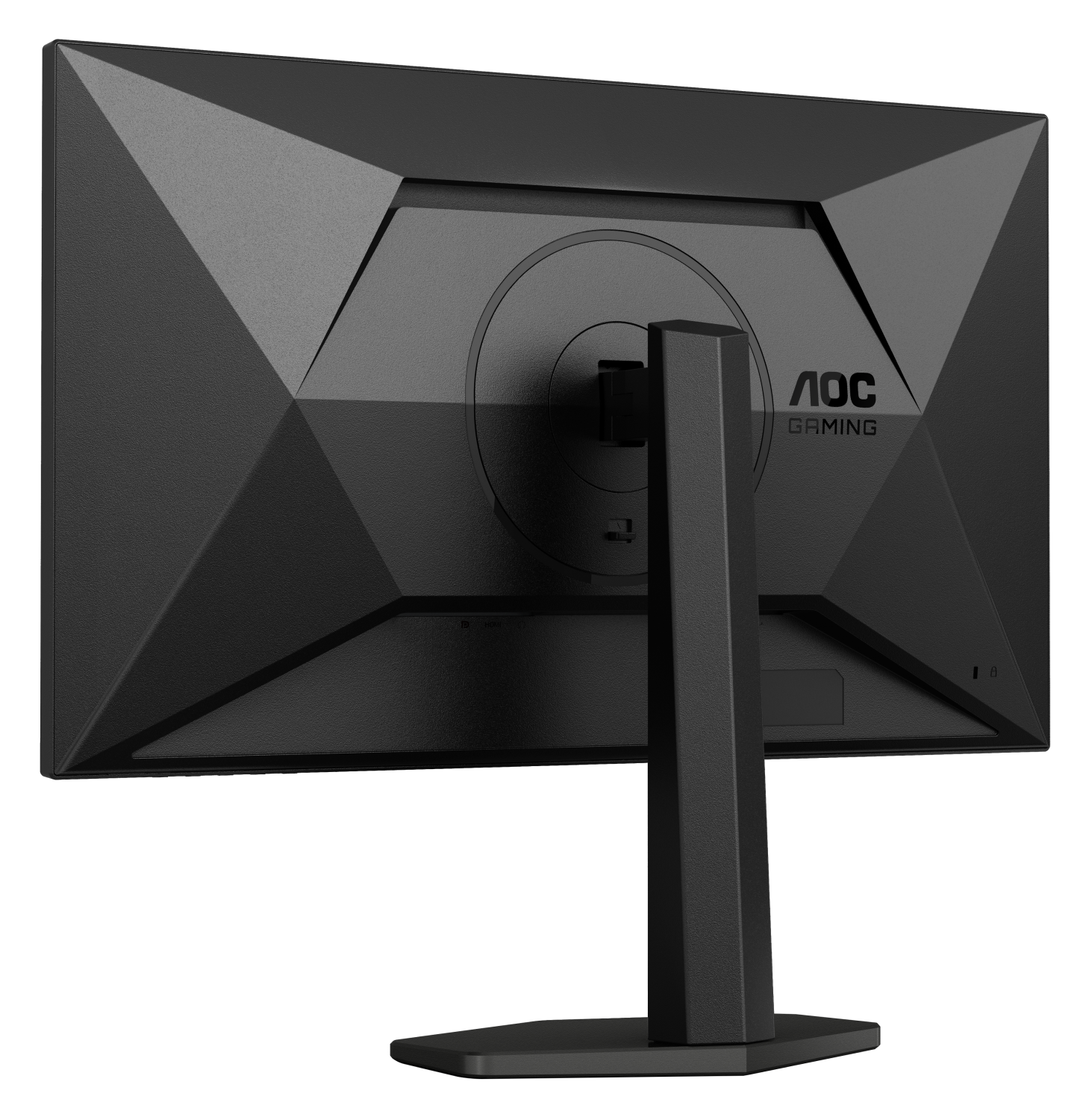 Die Rückseite eines schwarzen Computermonitors mit dem AOC Gaming Logo. Der Hintergrund ist weiß.