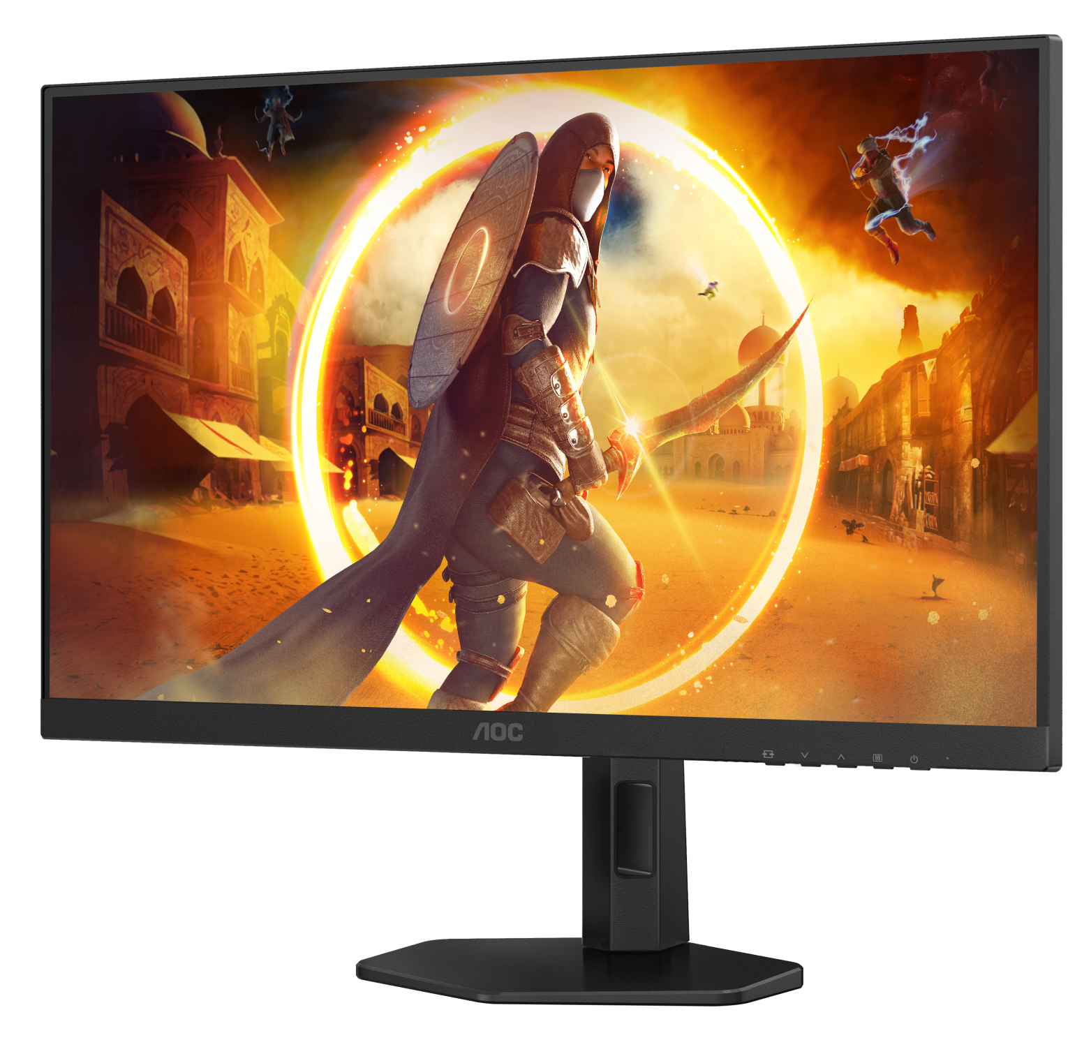 AOC Gaming-Monitor, der eine Fantasy-Spielszene zeigt. Hintergrund: Helle Fantasy-Einstellung.