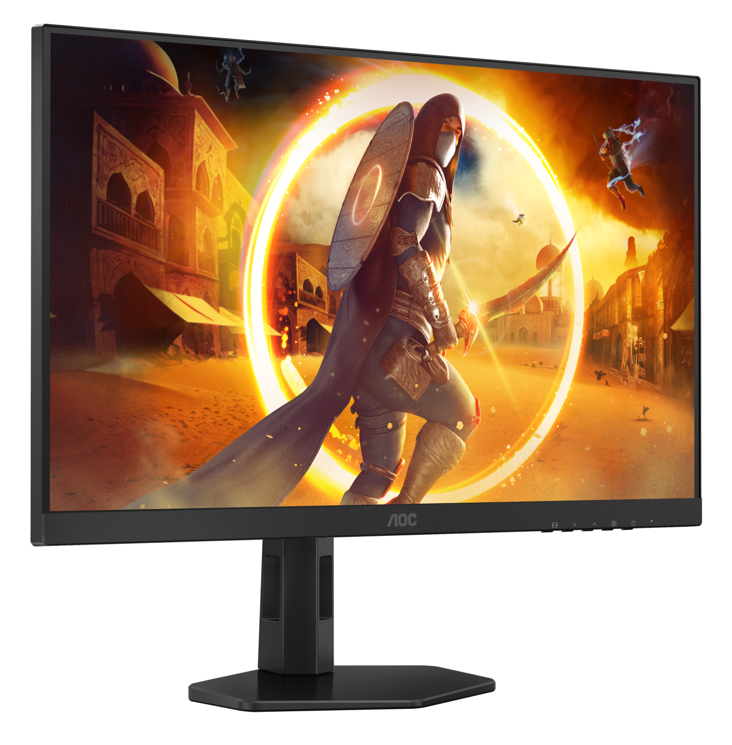 AOC-Monitor mit einer Spielszene auf dem Bildschirm. Monitor auf schwarzem Ständer, umgeben von Details.