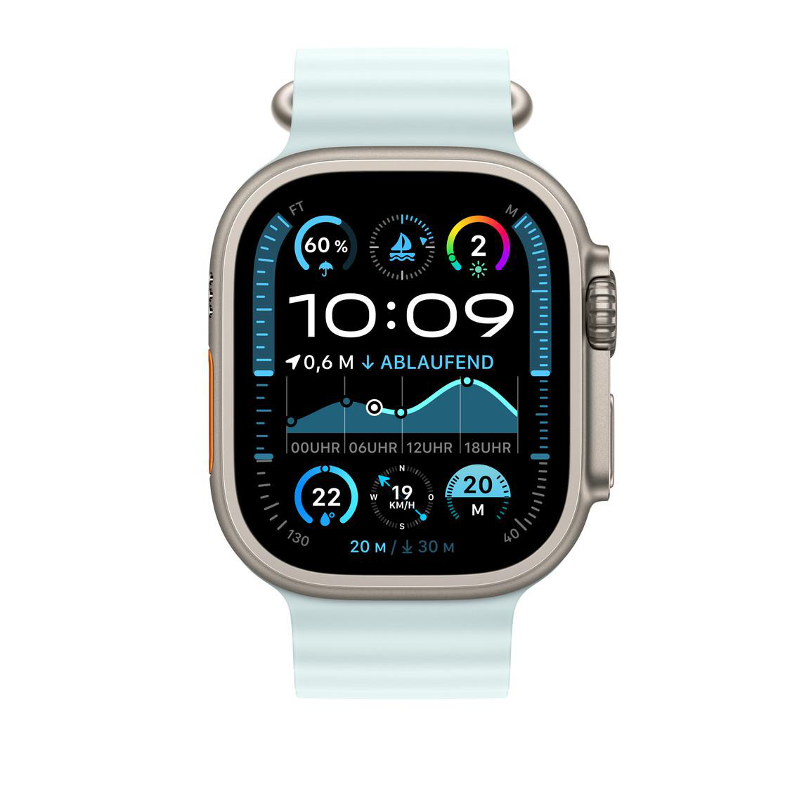 Smartwatch mit Armband, Zifferblatt mit Daten.