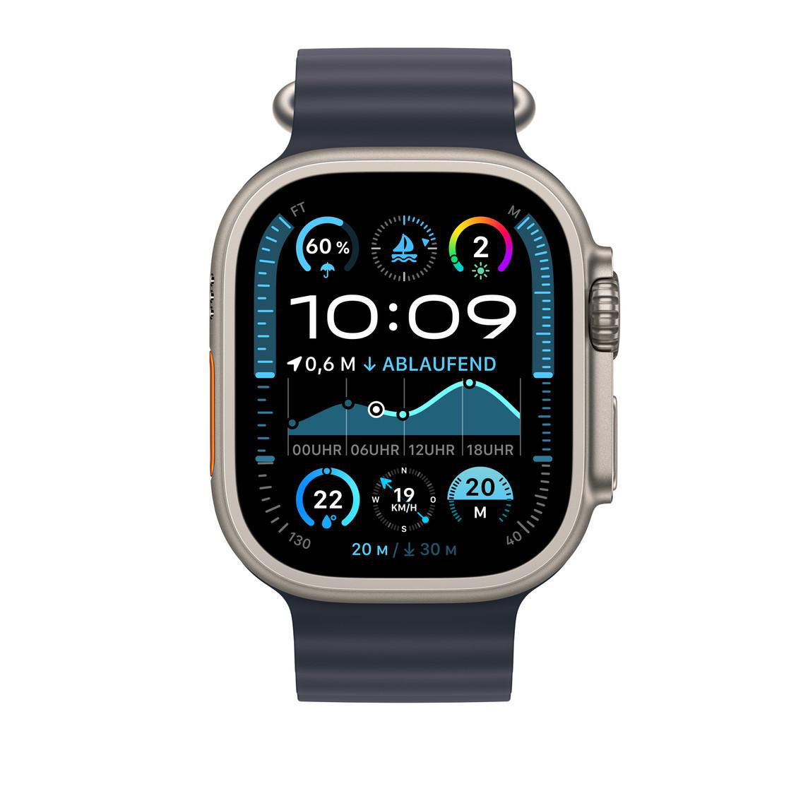Eine Smartwatch zeigt Uhrzeit, Gesundheitsstatistiken und App-Symbole. Die Uhr hat ein schwarzes Armband.