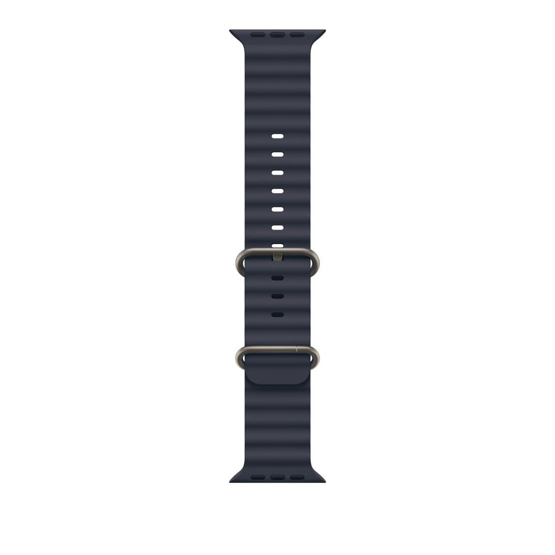 Dunkelgraues Apple Watch-Armband mit strukturierter Oberfläche. Zwei Metallschlaufen zur Anpassung.