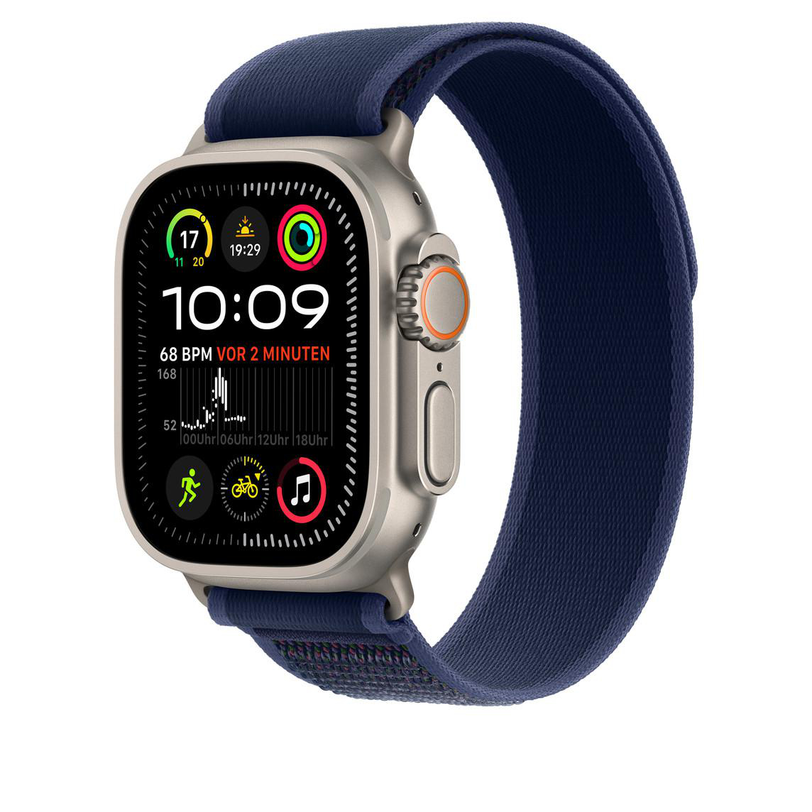Eine Smartwatch mit blauem Armband zeigt Daten auf dem Bildschirm an. Die Uhr befindet sich vor weißem Hintergrund.