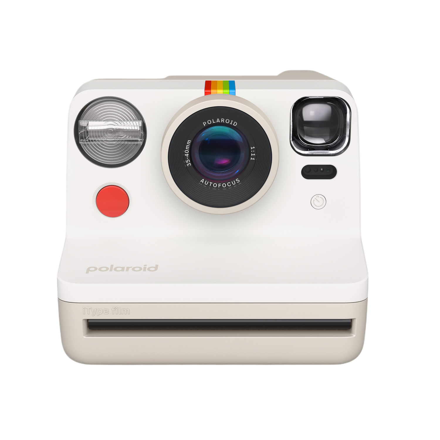 Witte Polaroid camera met regenboogstrip. Heeft lens, flitser en rode knop. Zwarte achtergrond.