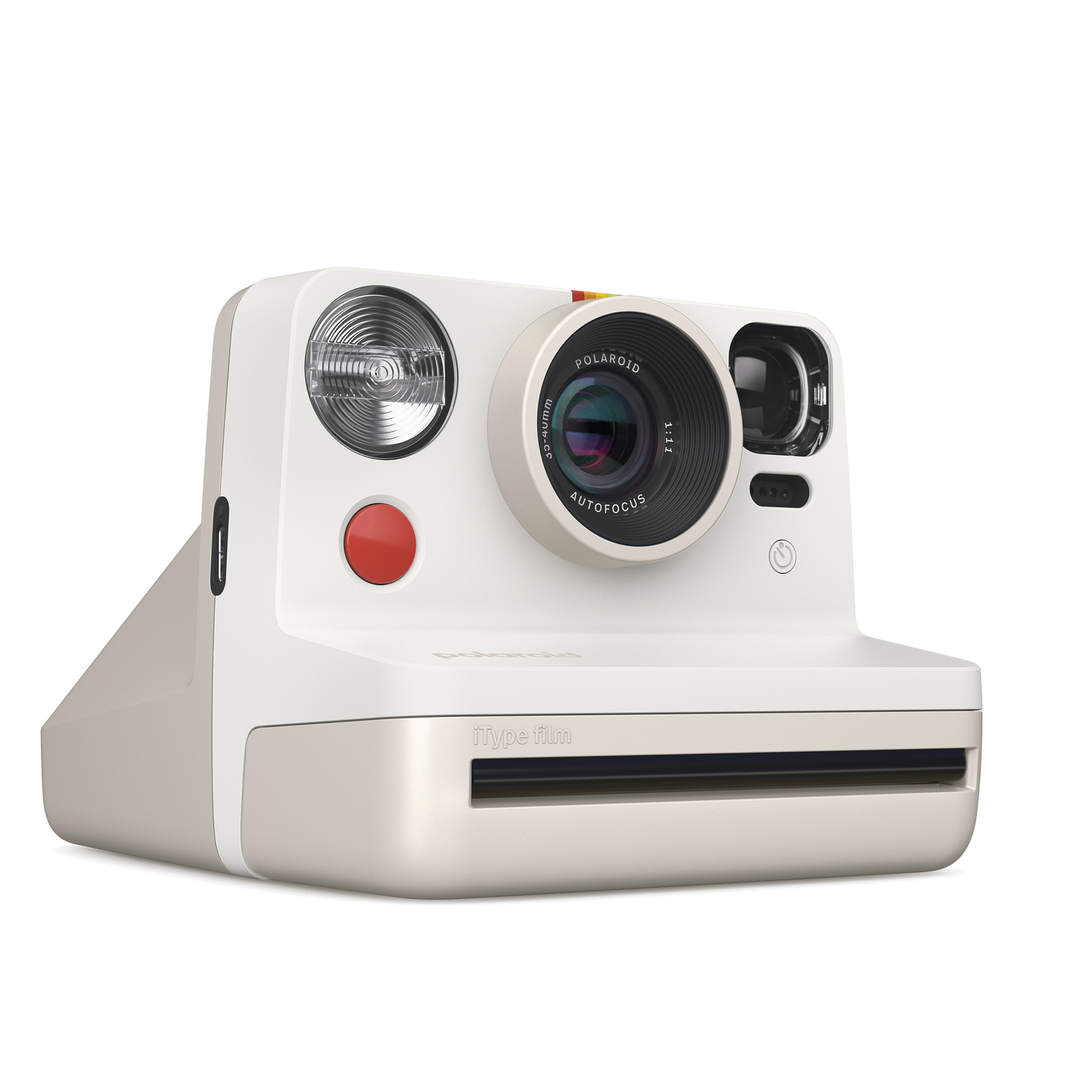Witte en beige Polaroid camera. Hij heeft een rode knop en een lens.