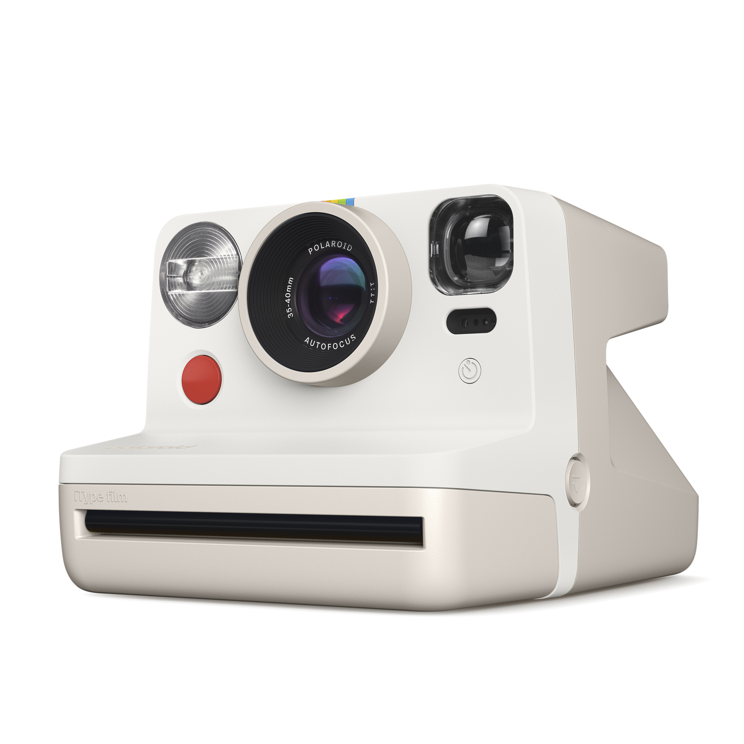 Wit en beige Polaroid-camera met grote lens en rode knop, op een wit oppervlak.