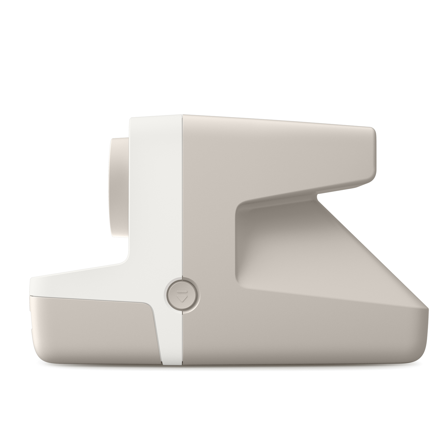 Een beige en witte instantcamera, zijaanzicht, geïsoleerd op een witte achtergrond.