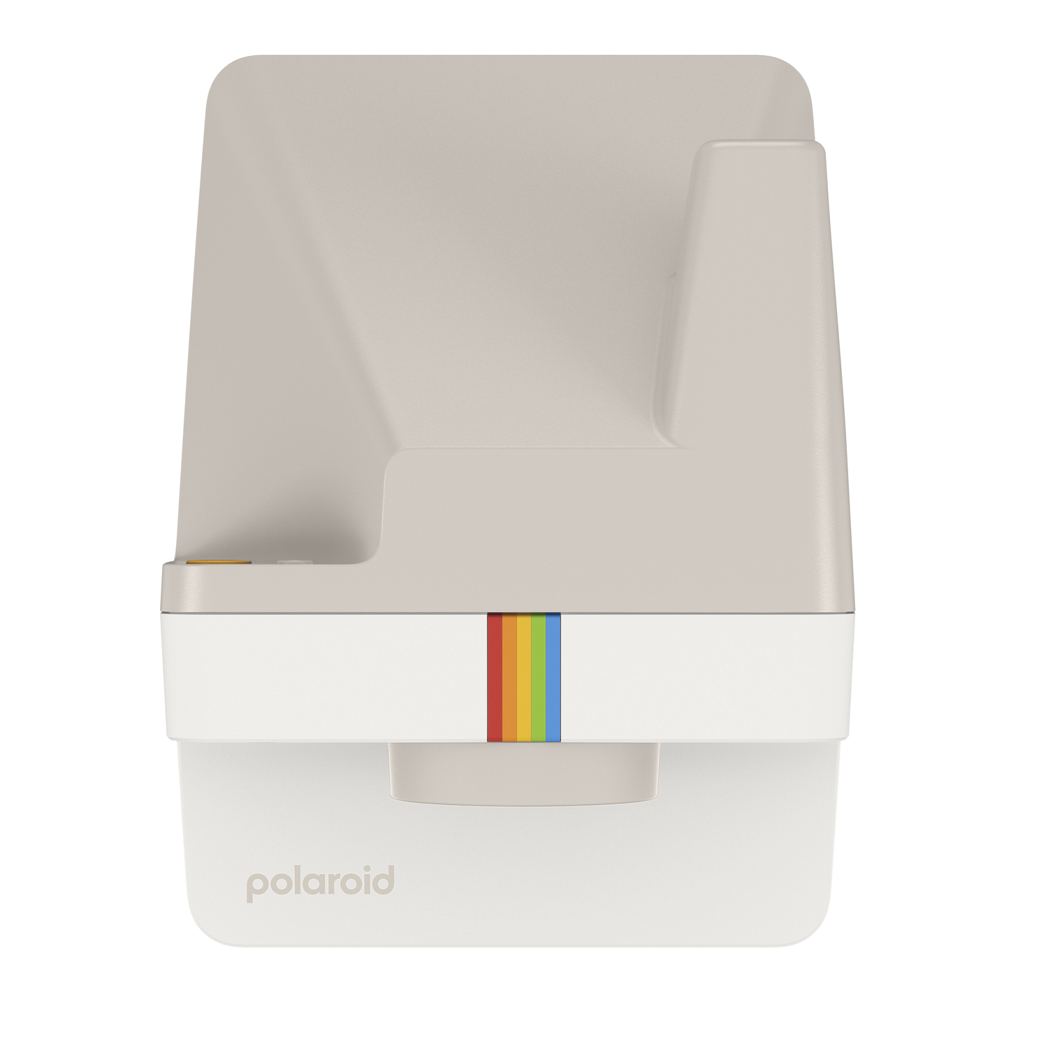 Een Polaroid camera, beige en wit, met een regenboogstreep.
