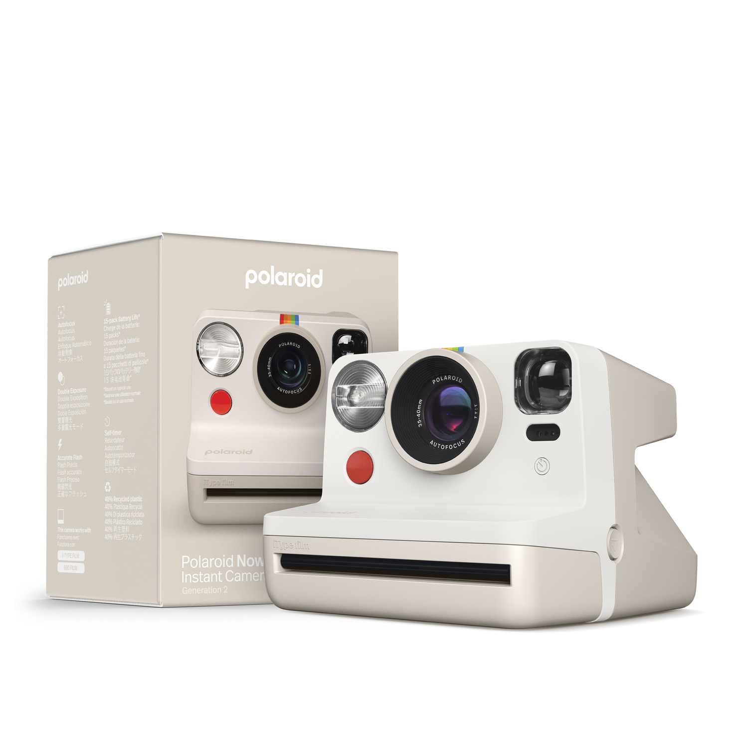 Polaroid camera met een doos, toont de camera en de doos met de productdetails.
