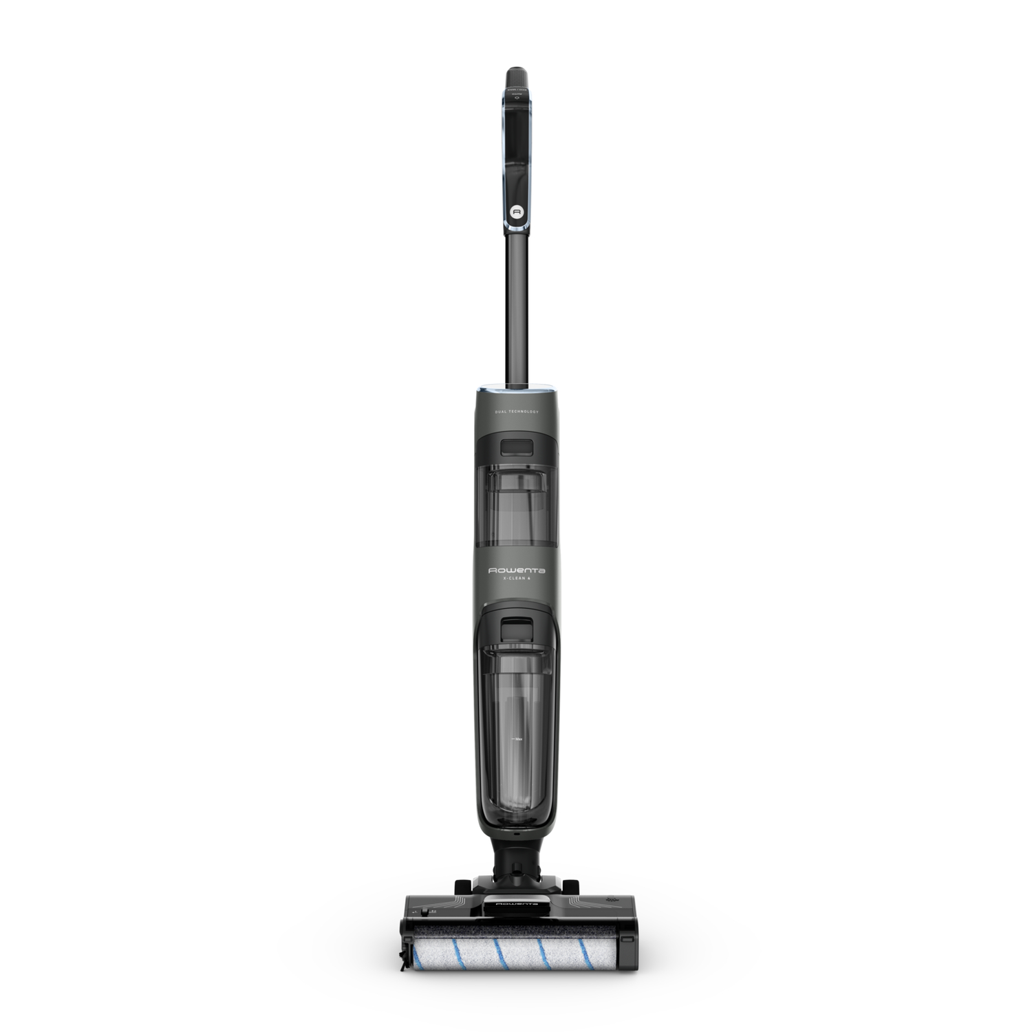 An upright black vacuum cleaner with a clear water tank, against a dark blue background.