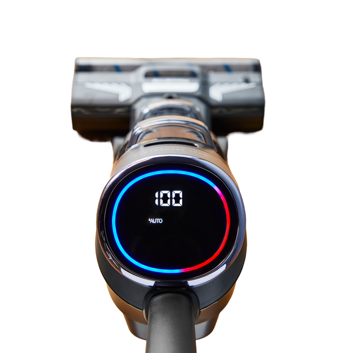 Vacuum cleaner head with display. Display shows a percentage and the word AUTO.