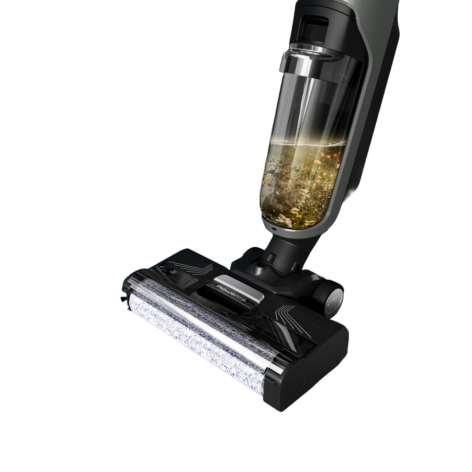 Vacuum cleaner head with a water tank containing dirty water, black background.