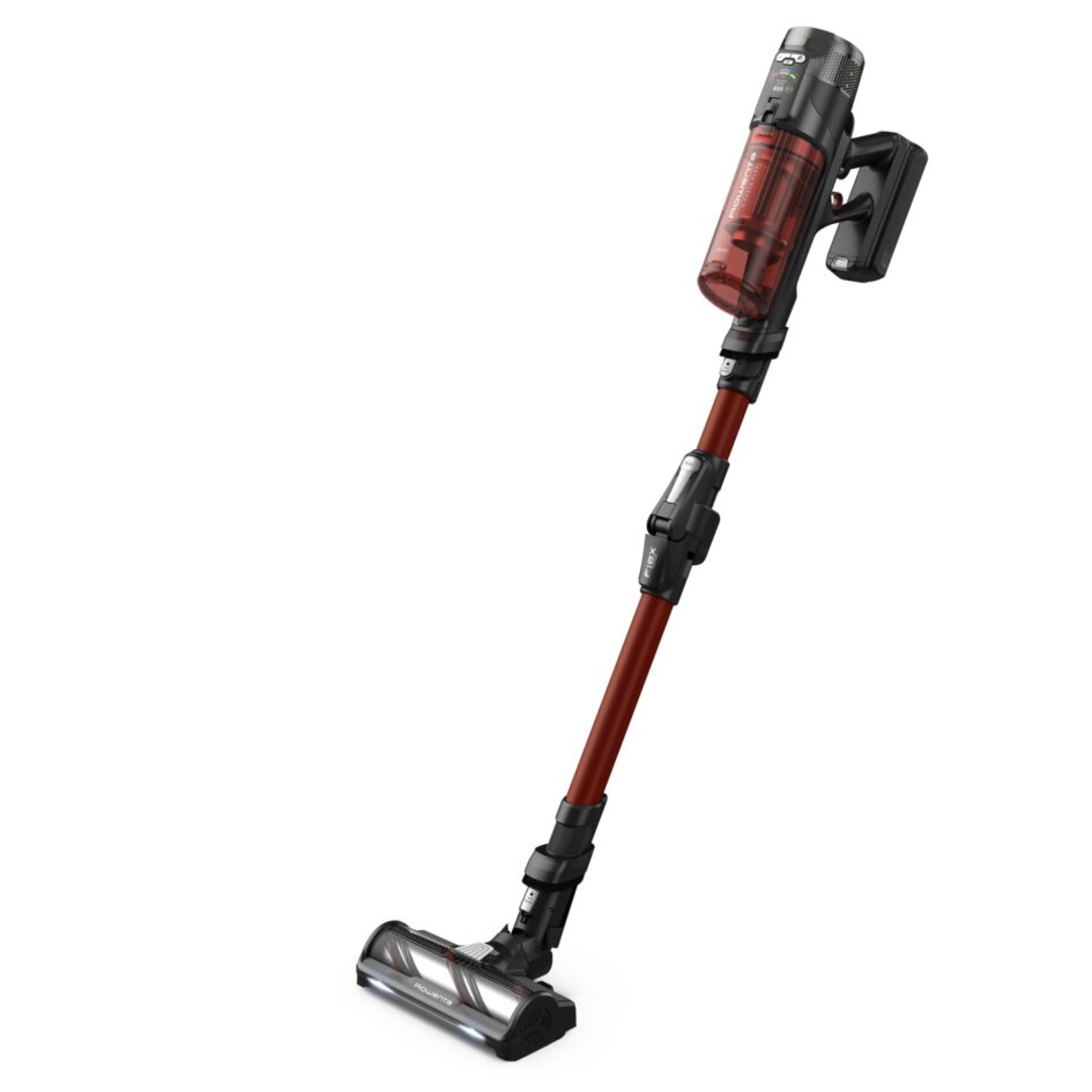 Een rood-zwarte draadloze stofzuiger op een witte achtergrond, schuine weergave.